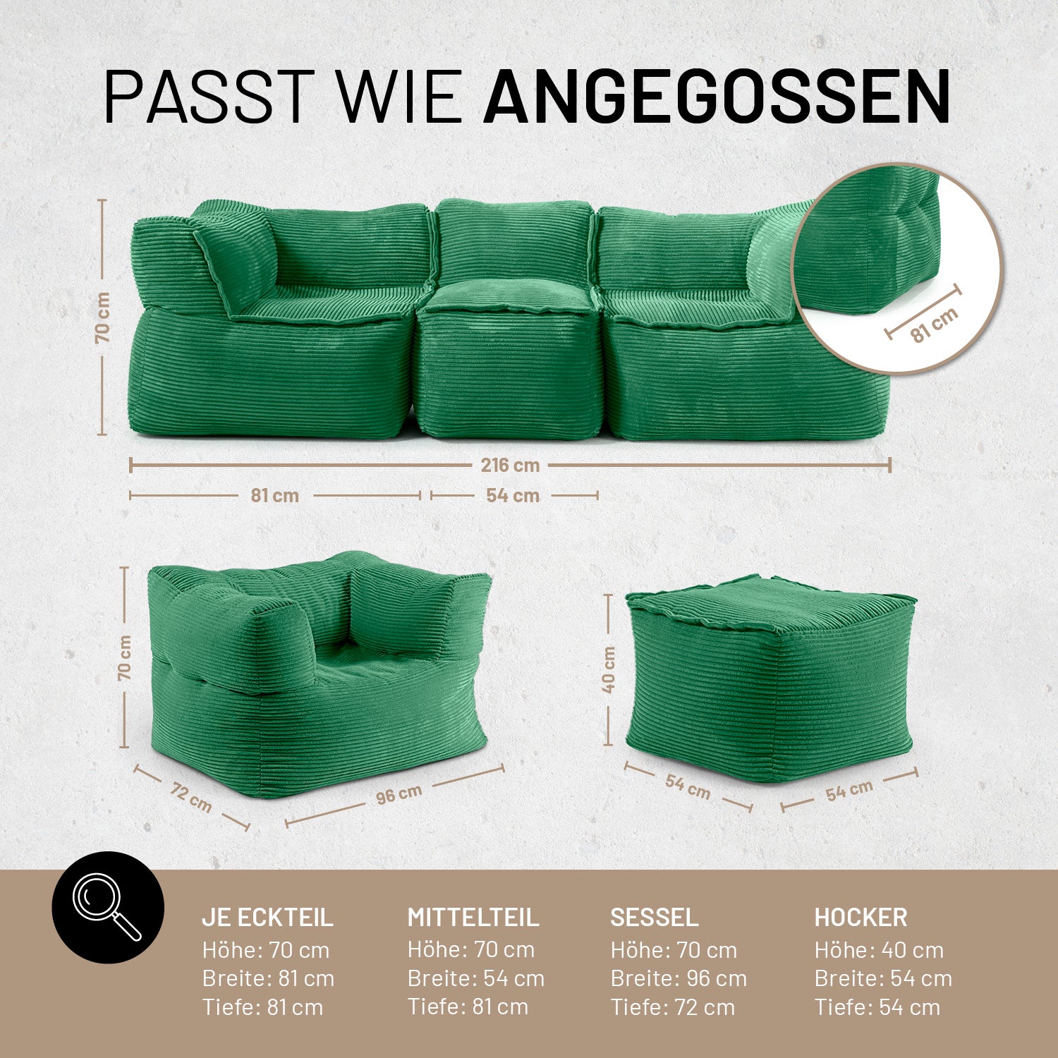Modulares Basic-Set aus der LUMALAND Cord-Reihe - 5-tlg. - Dunkelgrün mit Maßen für Sitzmöbel und Hocker in Cordstoff.
