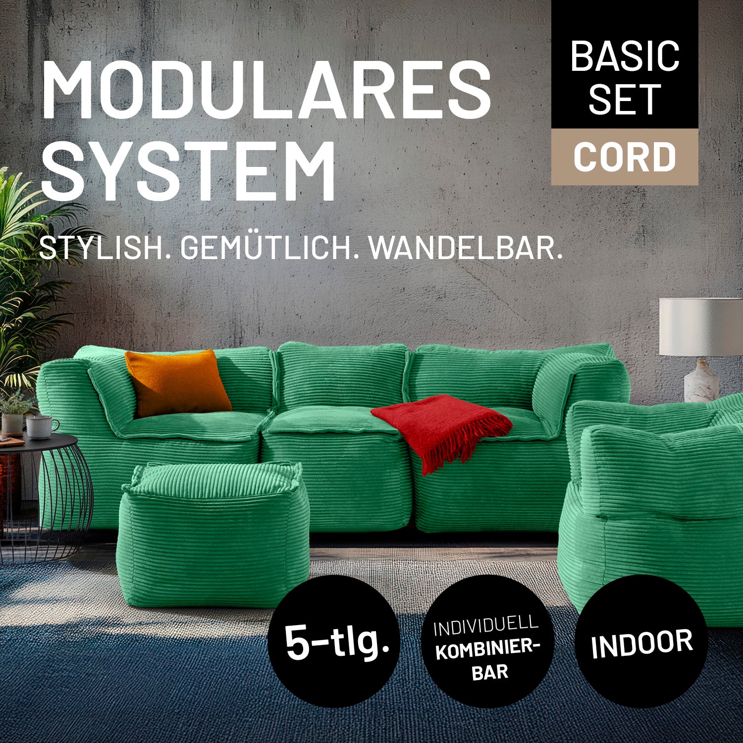Modulares Basic-Set aus der LUMALAND Cord-Reihe - 5-tlg. - Dunkelgrün mit 2-Sitzer, Sessel und Pouf im modernen Wohnraum.