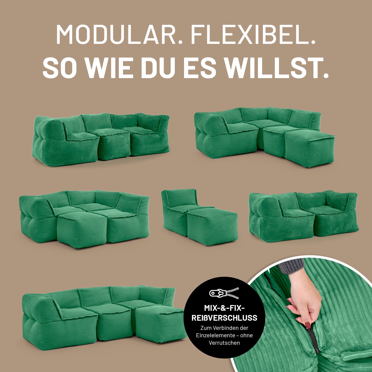 Modulares Basic-Set aus der LUMALAND Cord-Reihe - 5-tlg. - Dunkelgrün als vielseitiges, flexibles Sofa- und Sitzsystem dargestellt.