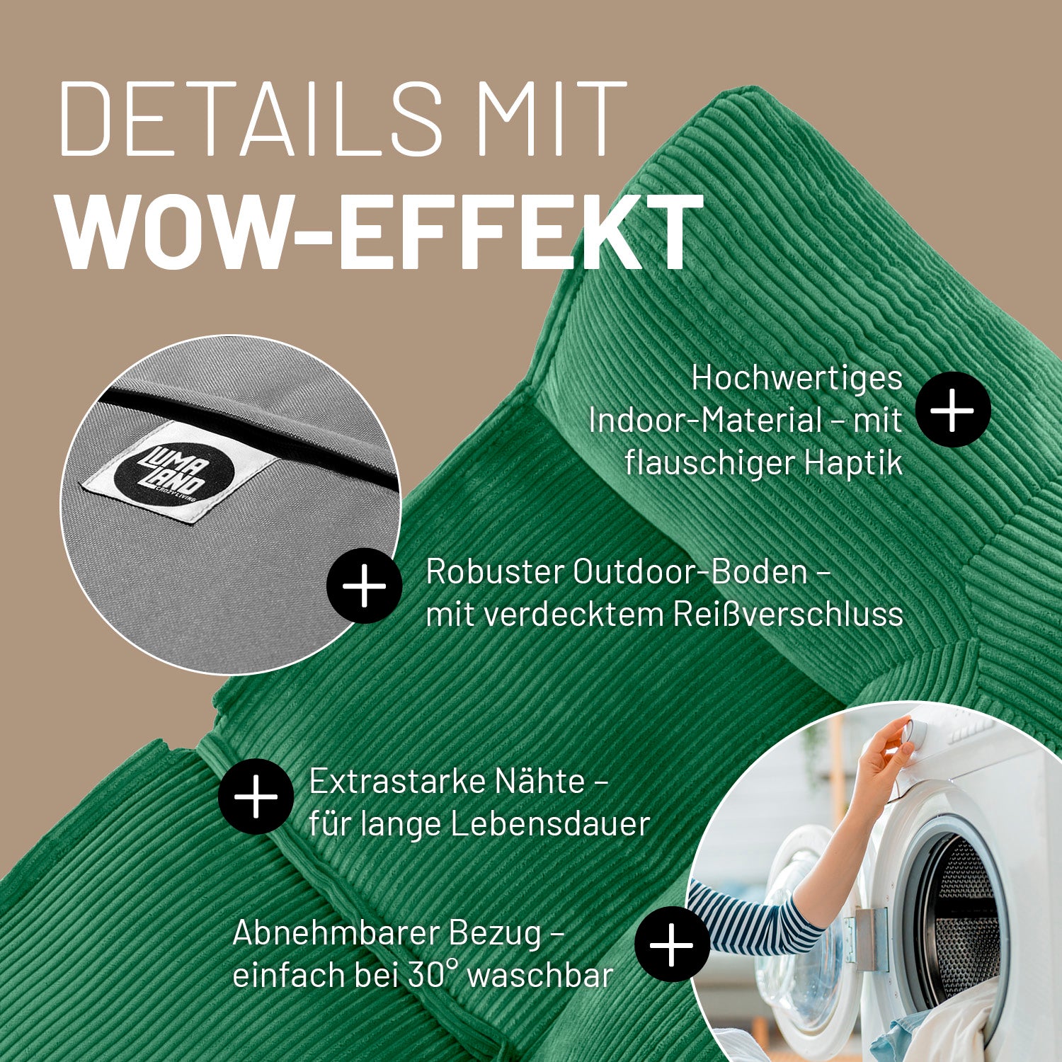 Modulares Basic-Set aus der LUMALAND Cord-Reihe - 5-tlg. - Dunkelgrün mit robustem Bezug und flauschiger Cord-Optik, waschbar bei 30 Grad