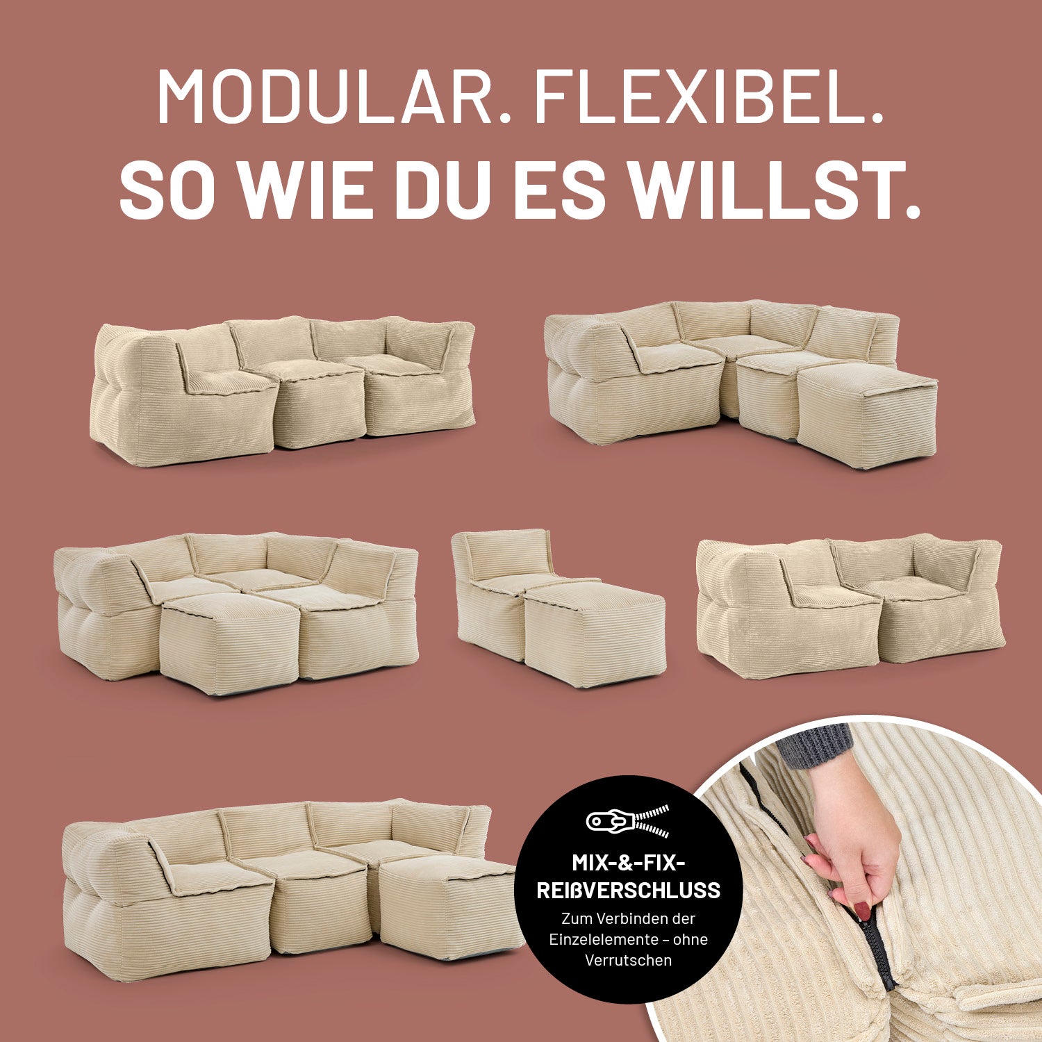 Modulares Basic-Set aus der LUMALAND Cord-Reihe - 5-tlg. - Beige, variabel kombinierbares Sofa und Sessel aus weichem Cordstoff.