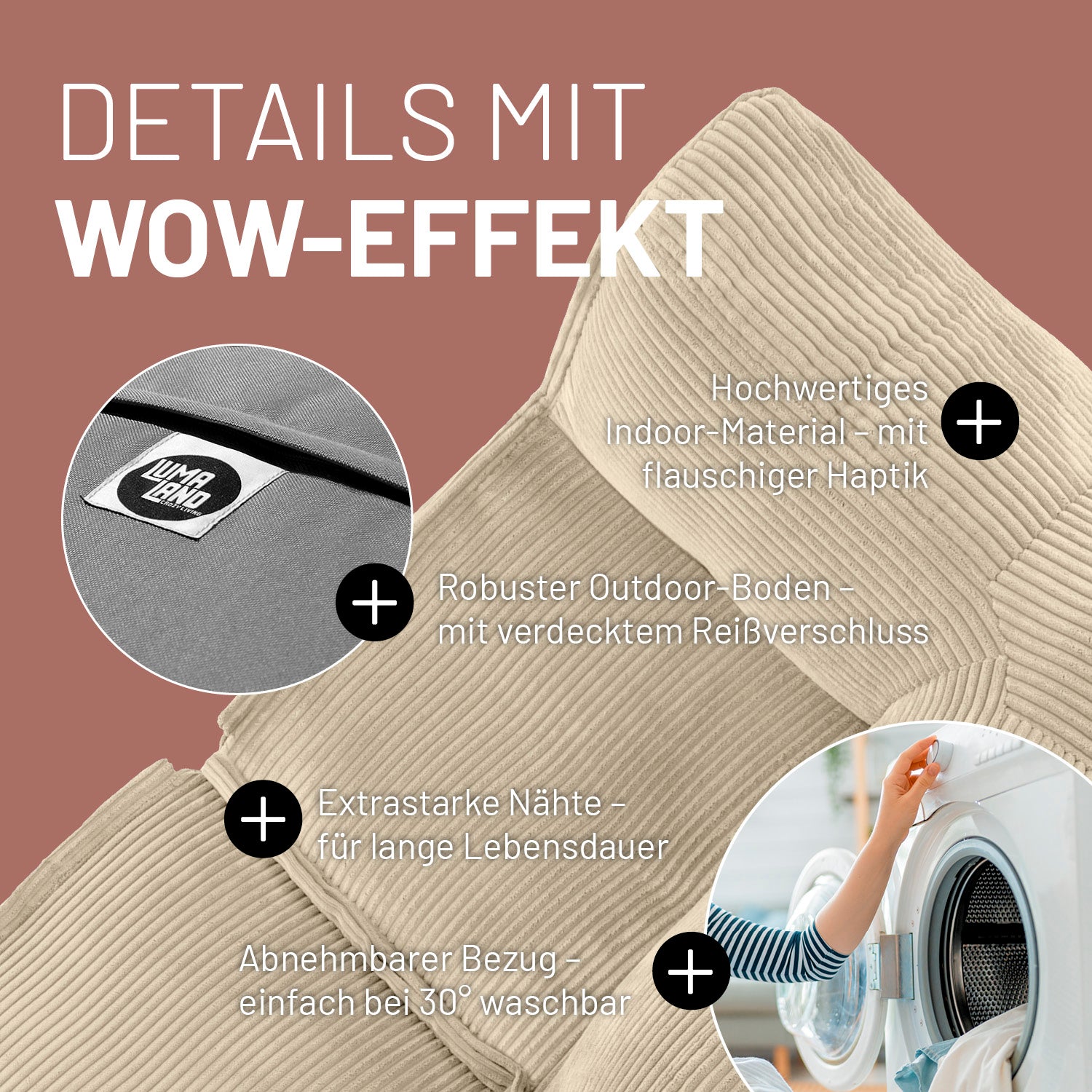Modulares Basic-Set aus der LUMALAND Cord-Reihe - 5-tlg. - Beige mit hochwertigem Cordstoff und waschbarem Bezug bei 30 Grad.