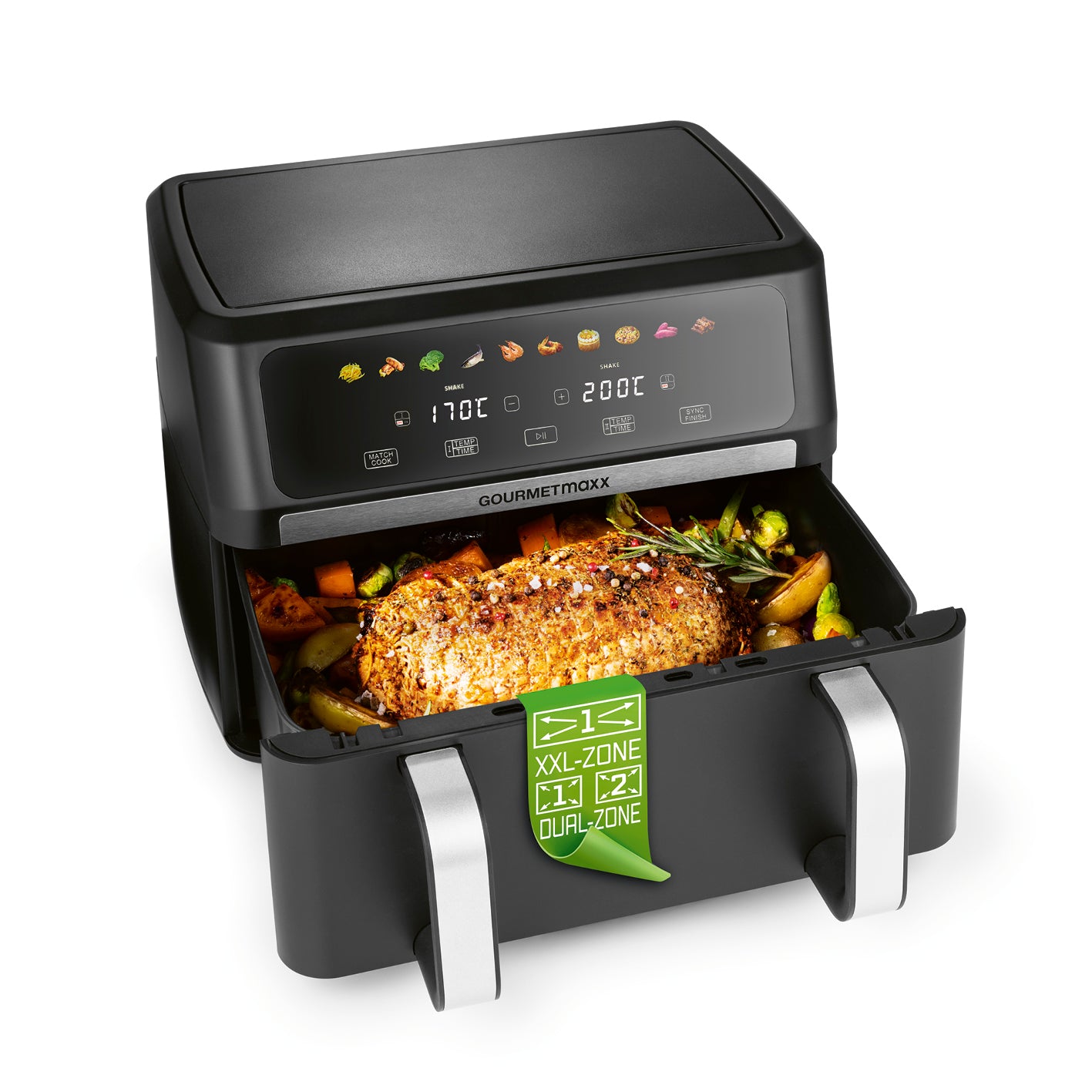 AirGenius Vario-Kammer-Heißluftfritteuse - 10 Liter (2 x 5 Liter) mit digitalem Farb-LED-Touchscreen und großer Garzone