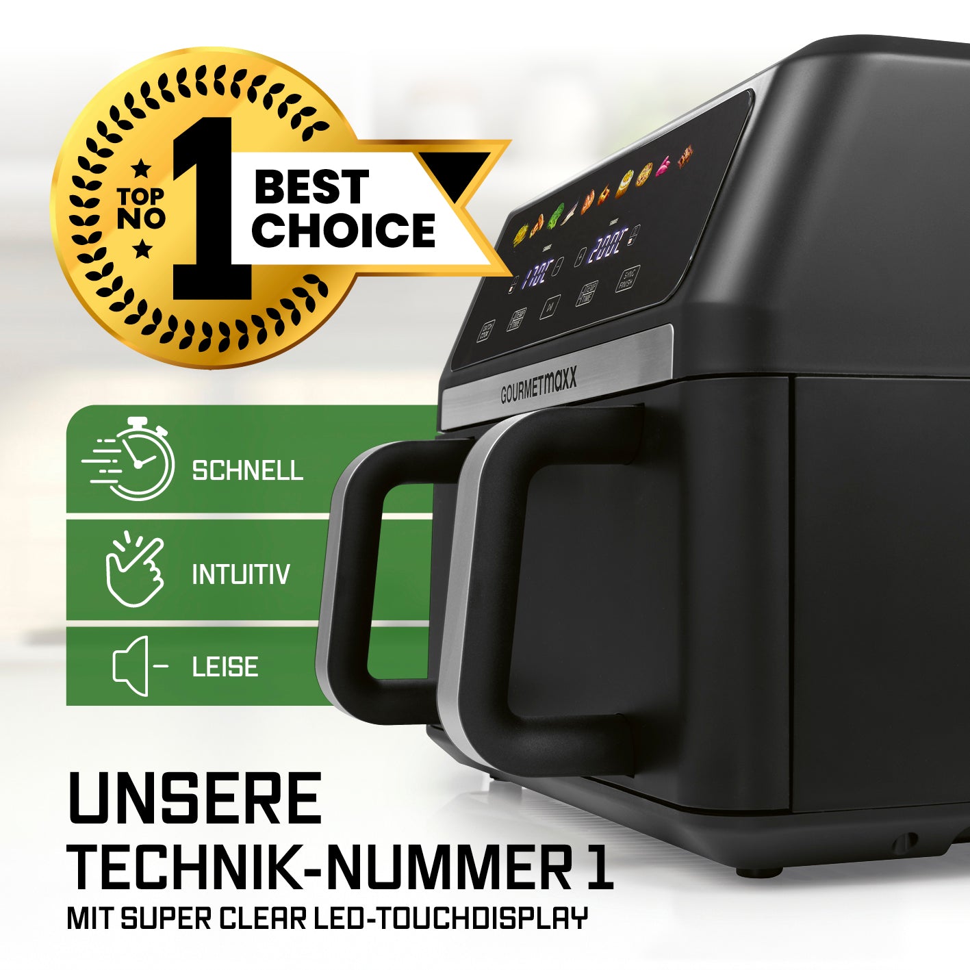 AirGenius Vario-Kammer-Heißluftfritteuse - 10 Liter (2 x 5 Liter) mit LED-Touchdisplay, schnellem, leisem und intuitivem Bedienkonzept.