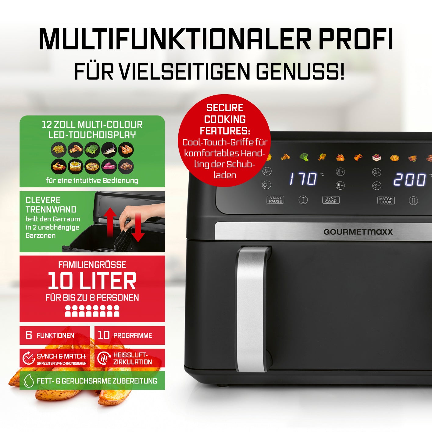 AirGenius Vario-Kammer-Heißluftfritteuse - 10 Liter (2 x 5 Liter) mit LED-Touchscreen und cleverem Trennwand-System für bis zu 8 Personen