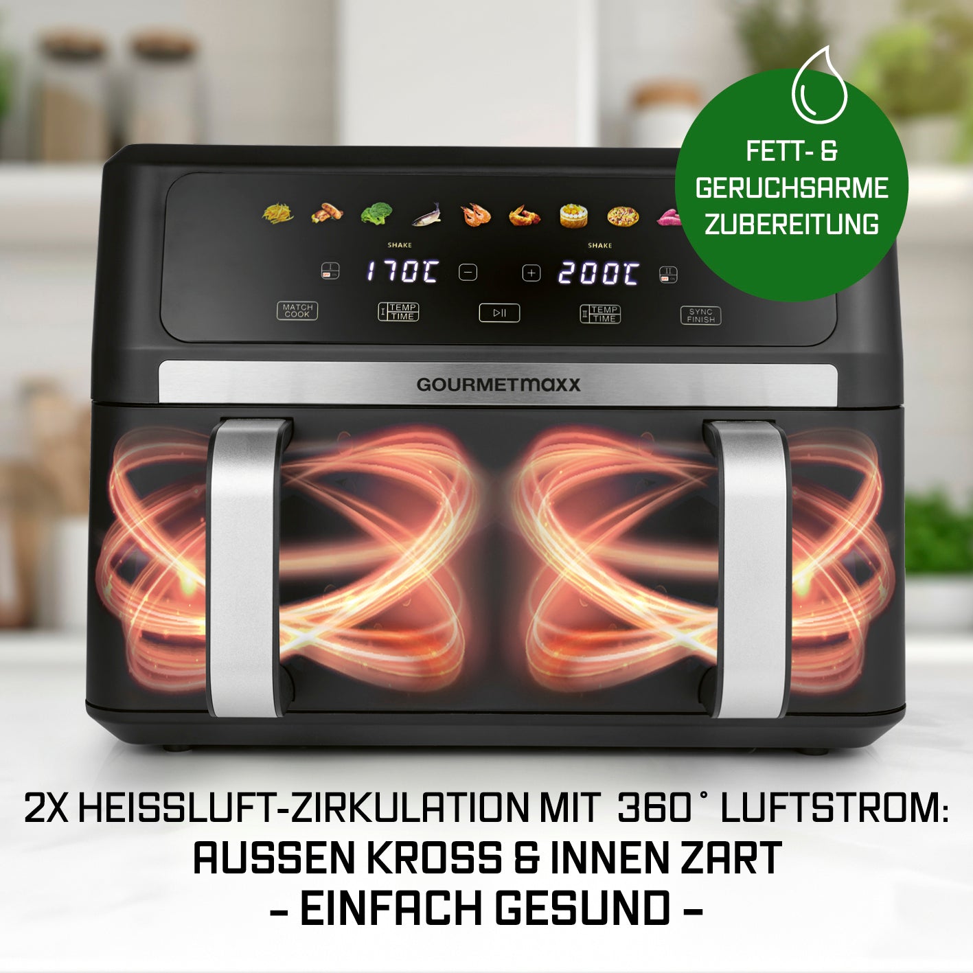 AirGenius Vario-Kammer-Heißluftfritteuse - 10 Liter (2 x 5 Liter) mit 360° Heißluft-Zirkulation für gesundes und fettarmes Garen.