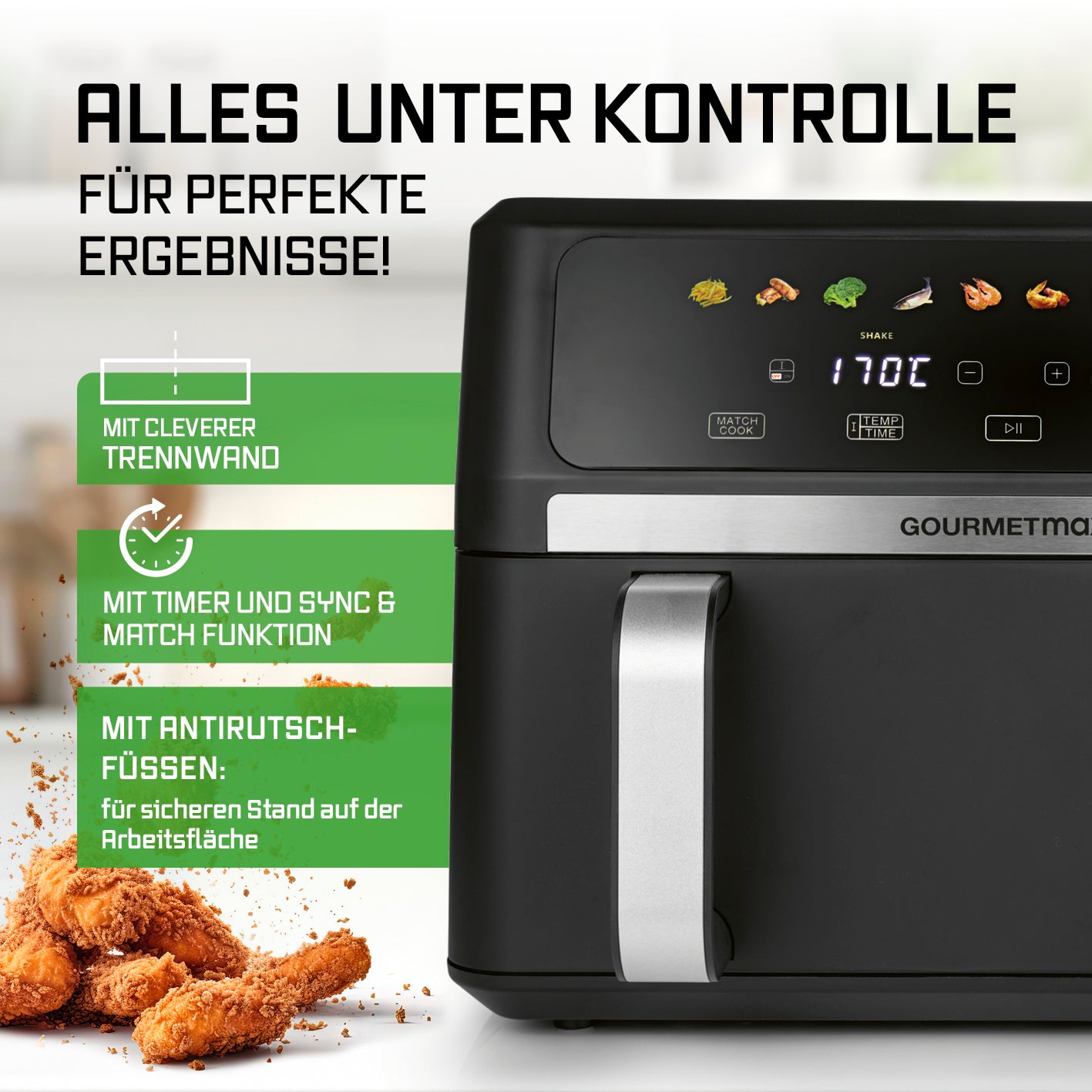 AirGenius Vario-Kammer-Heißluftfritteuse - 10 Liter (2 x 5 Liter) mit Trennwand, Timer, Sync & Match und rutschfesten Füßen