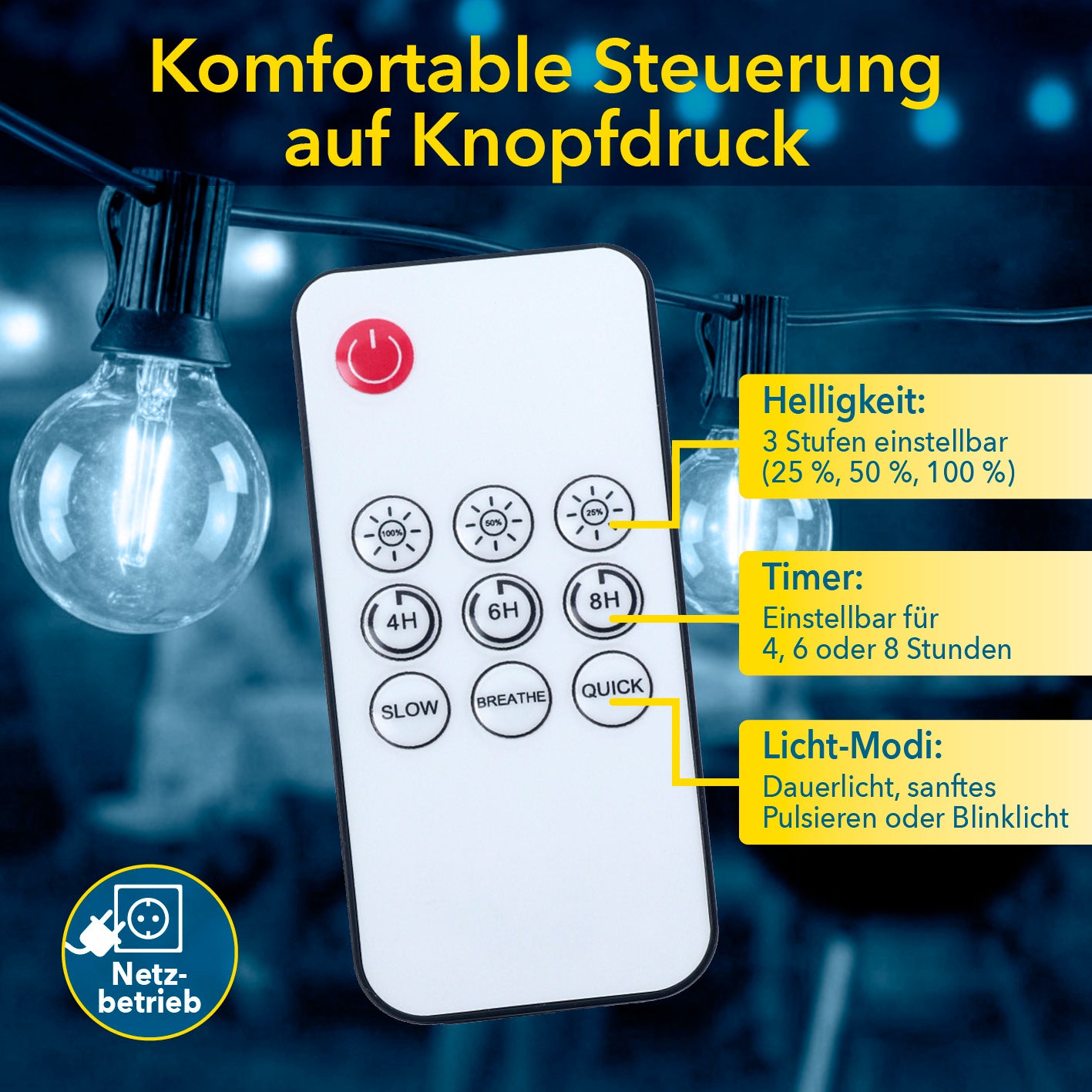 Outdoor-LED-Lichterkette - 15 m mit Fernbedienung, drei Helligkeitsstufen, Timerfunktion und drei Licht-Modi, Galerieposition 5 quadratisch.