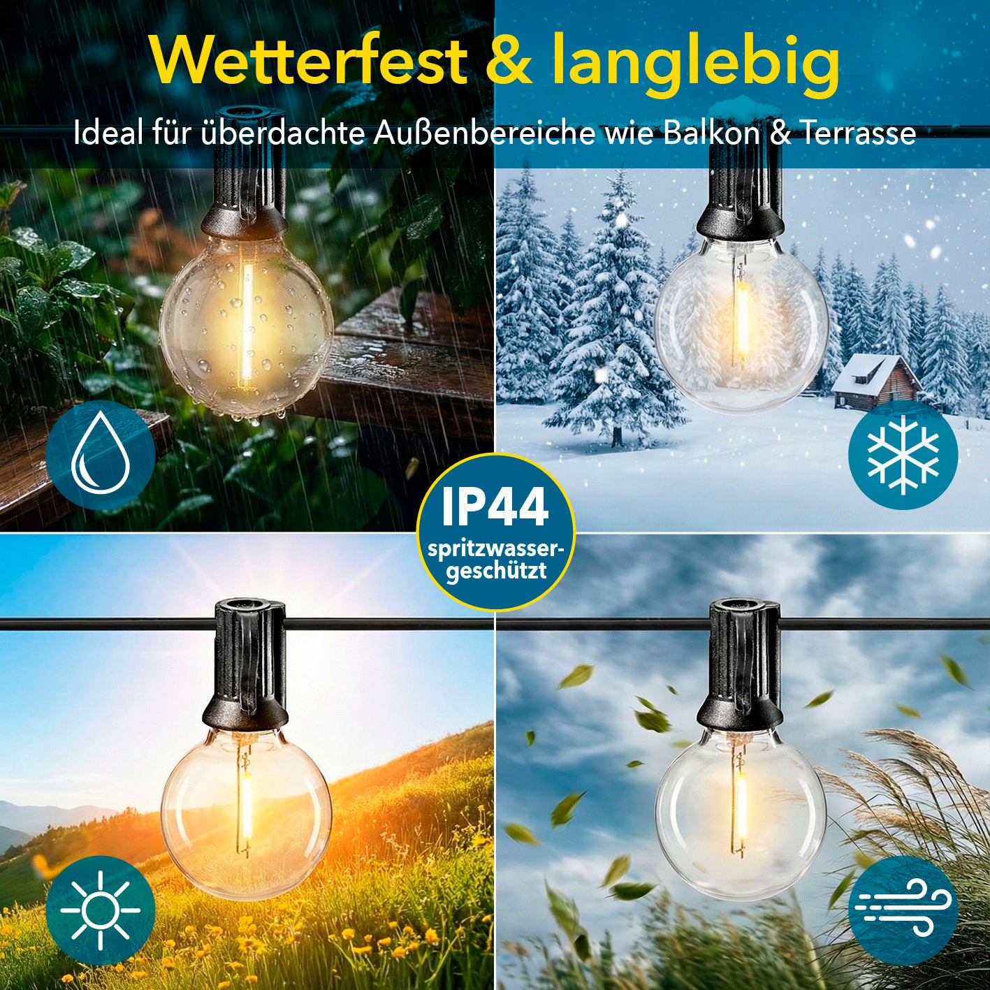 Outdoor-LED-Lichterkette - 15 m Galerie 6, wetterfeste LED-Glühlampe bei Regen, Schnee, Sonne und Wind, IP44 Spritzwasserschutz