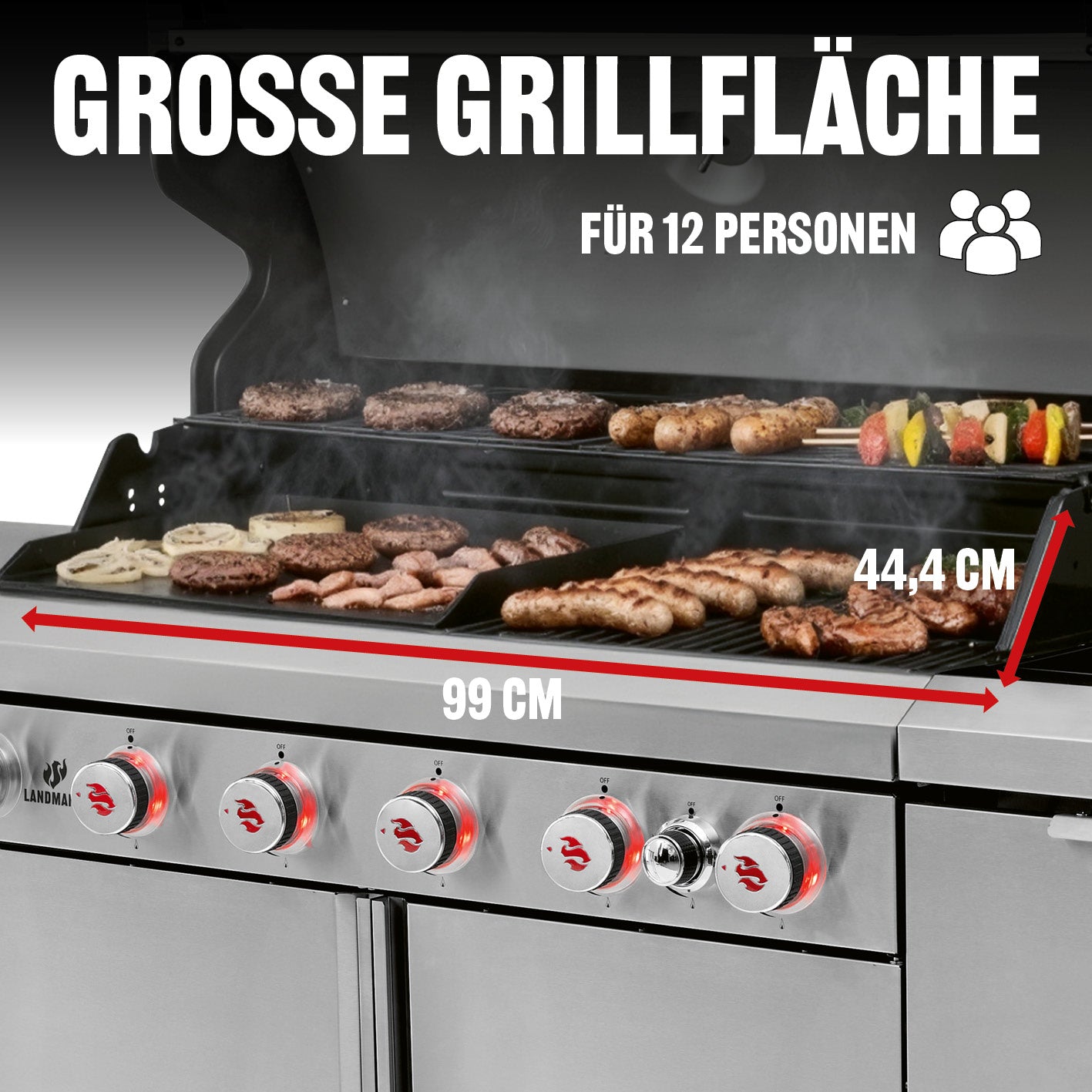 Gasgrill 6.1 Grillwagen mit 6 Brennern große Grillfläche 99x44,4 cm für bis zu 12 Personen mit LED-Bedienung und Edelstahlrost.