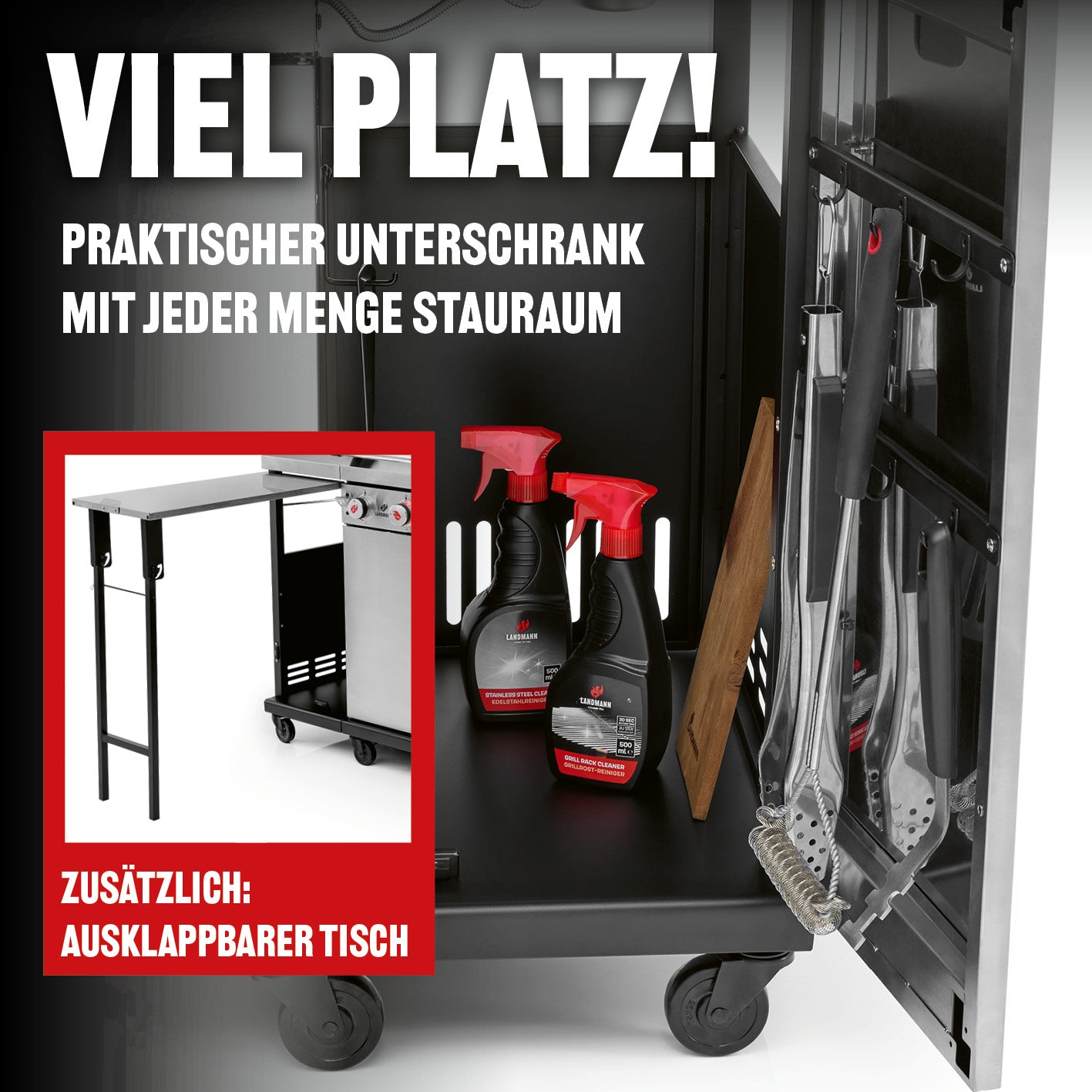 Gasgrill 6.1 Grillwagen mit 6 Brennern zeigt praktischen Unterschrank mit Stauraum und ausklappbarem Tisch.