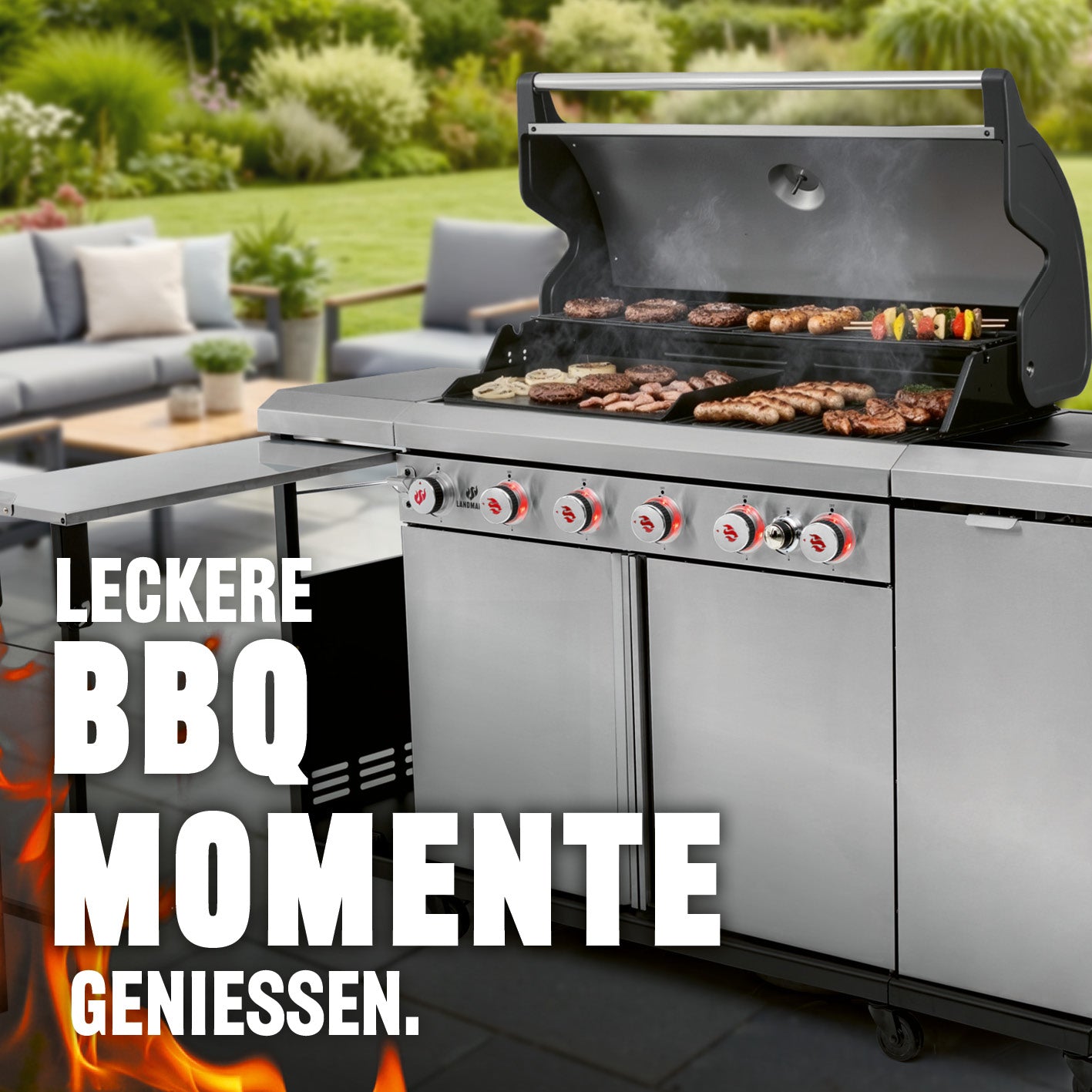 Gasgrill 6.1 Grillwagen mit 6 Brennern aus Edelstahl mit Gusseisenrost und leistungsstarken Brennern für große Grillpartys im Garten.