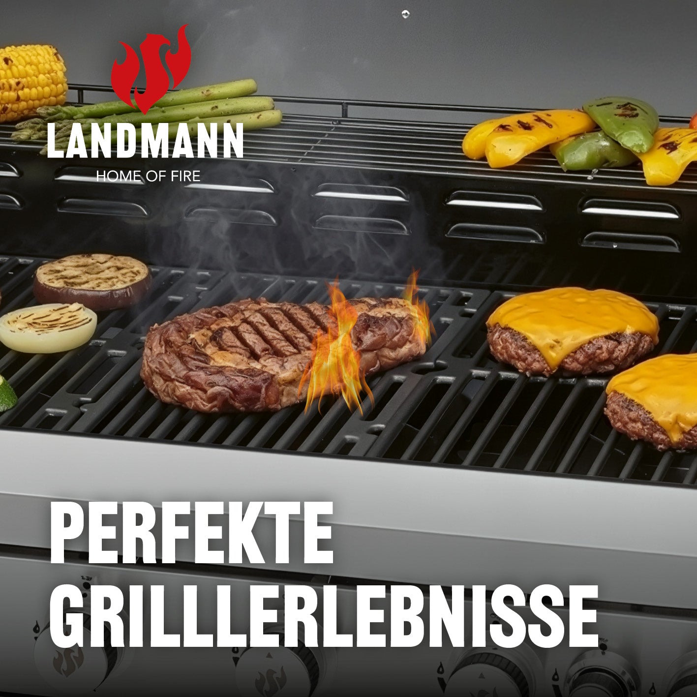 Gasgrill 6.1 Grillwagen mit 6 Brennern mit Steak und Burgern auf dem Edelstahlgrillrost für perfekte Grillerlebnisse.