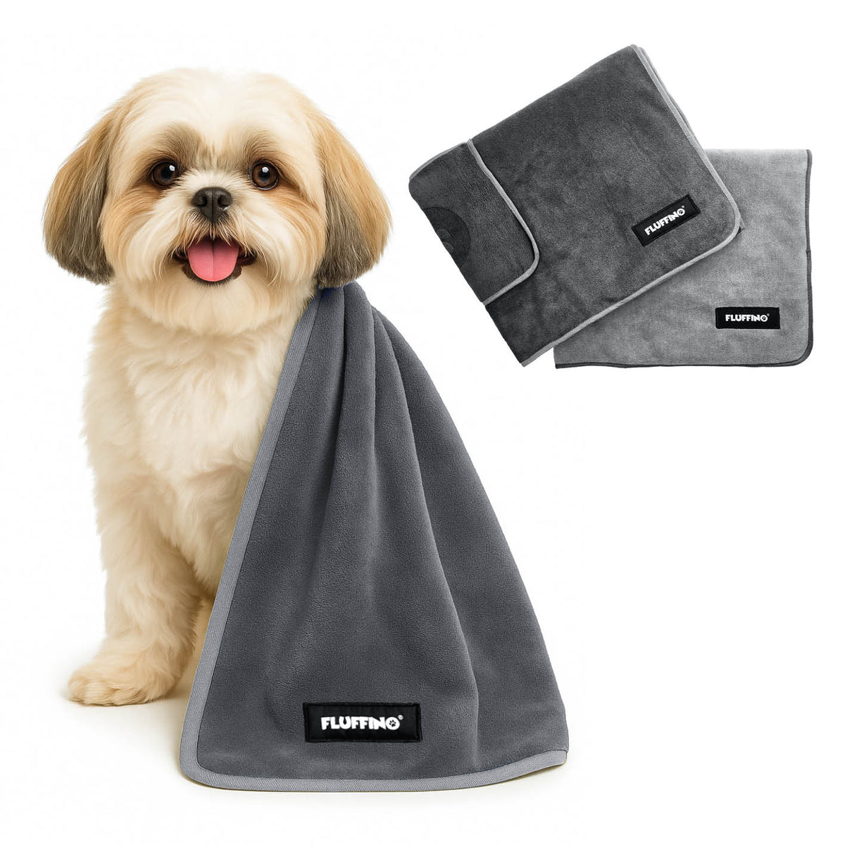 Hundehandtuch Mikrofaser – 2er-Pack - 90 x 50 cm- Grau mit Hund und zwei grauen Tüchern