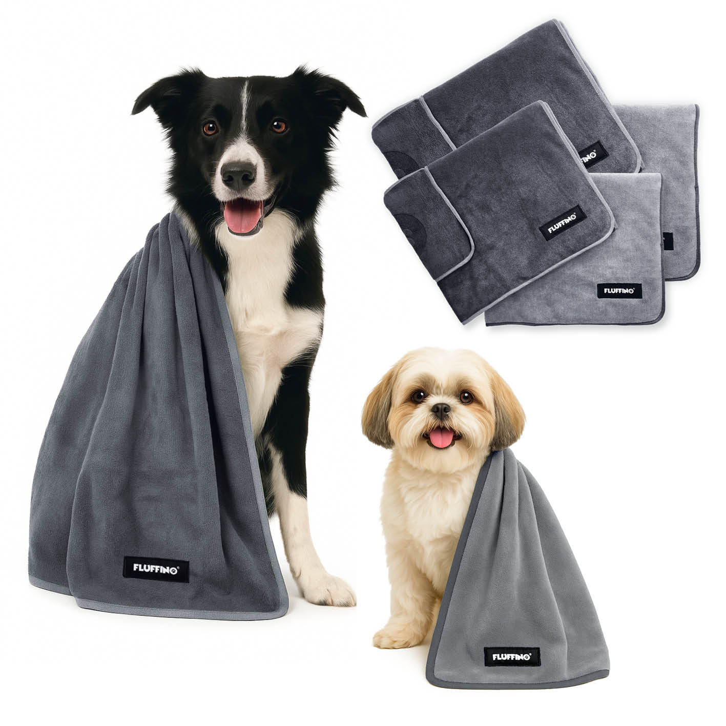 Hundehandtuch Mikrofaser – 4er-Pack (90 x 50 cm + 120 x 70 cm) – Dunkelgrau & Grau