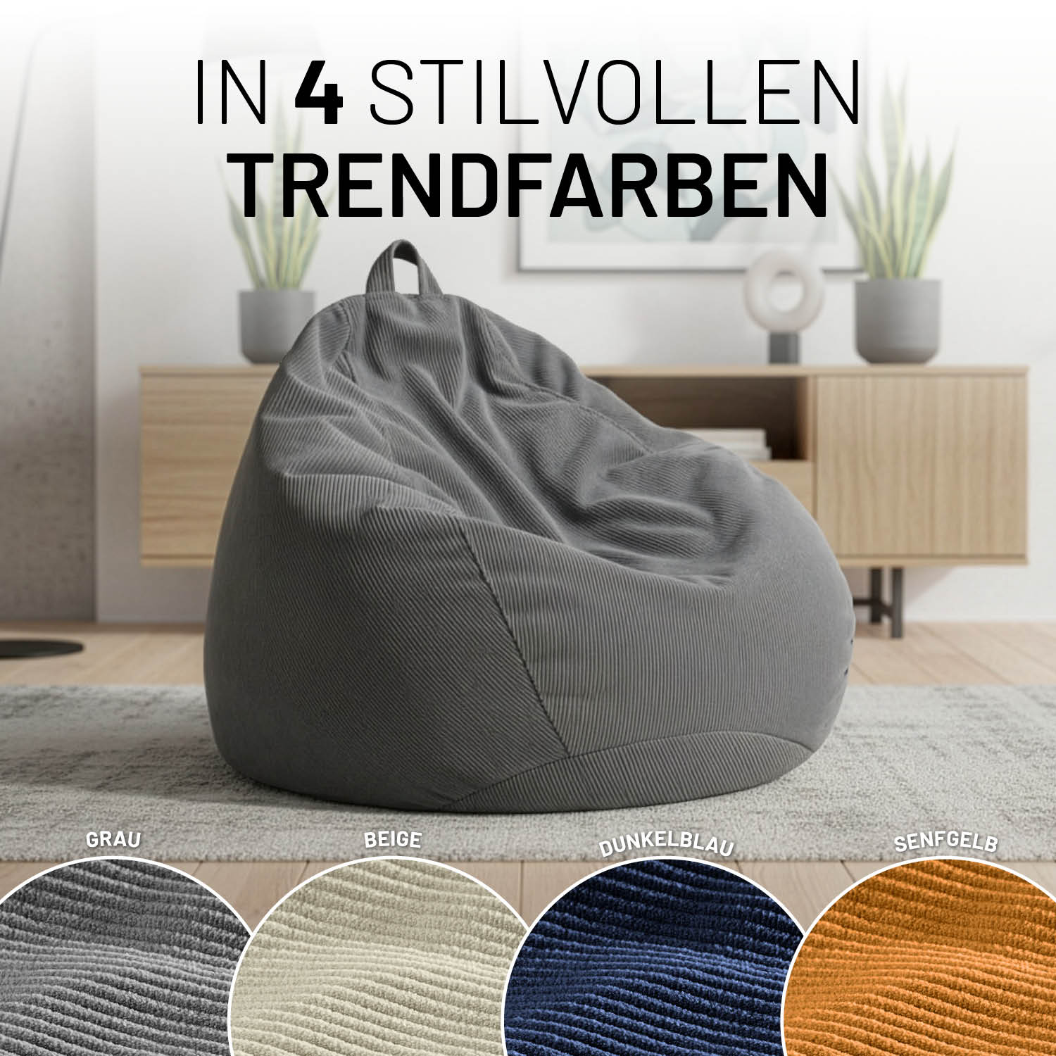 Comfort Line Sitzsack Feincord M - 120 L - Grau in modernem Wohnraum mit Deko und Teppich vor Sideboard.