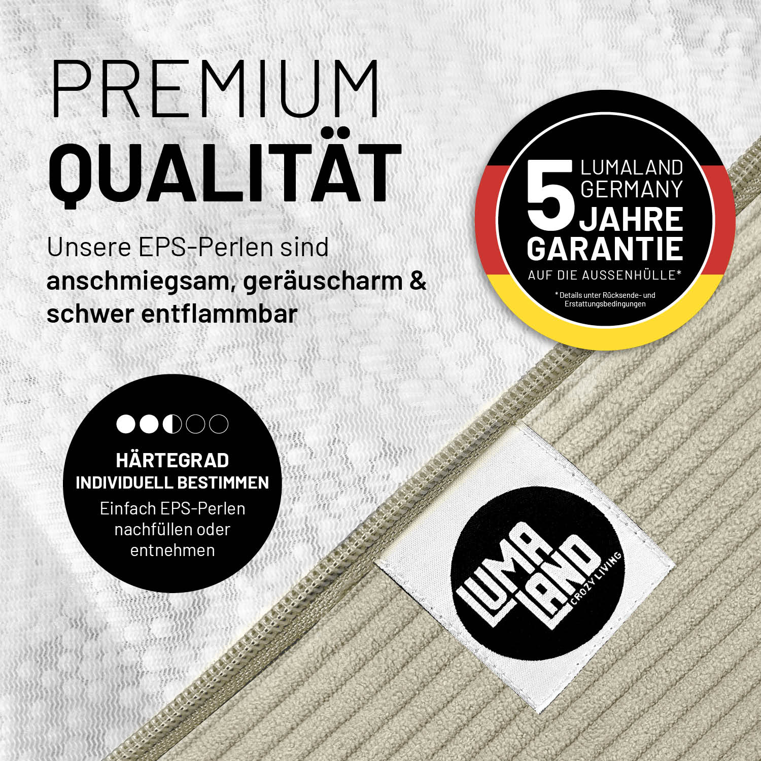 Detailaufnahme von Comfort Line Sitzsack Feincord M - 120 L - Beige mit Naht und Qualitätshinweis auf EPS-Perlenfüllung und Garantie.