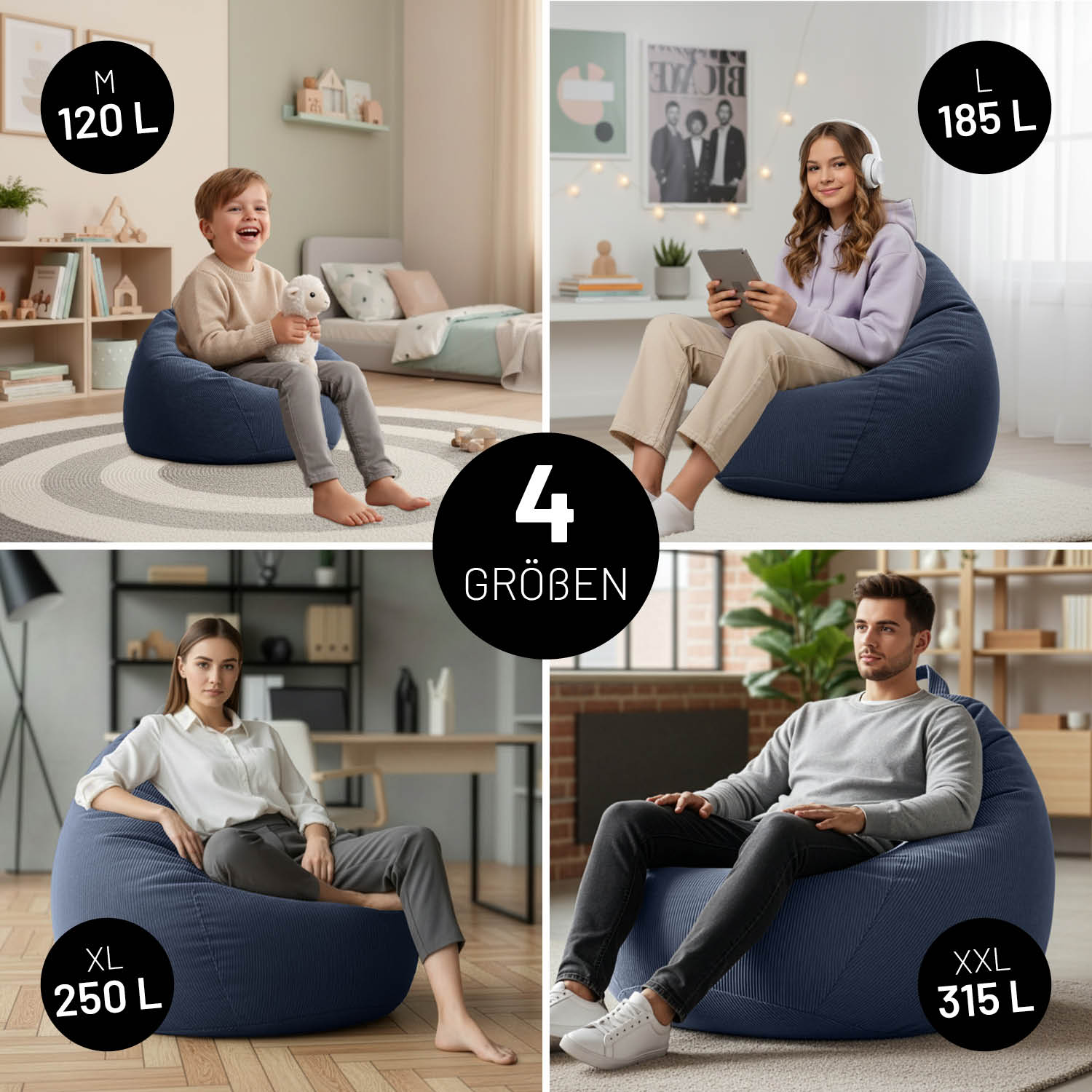 Comfort Line Sitzsack Feincord M - 120 L - Dunkelblau mit Kind sitzend in modernem Wohnraum mit hellem Teppich und Möbeln.