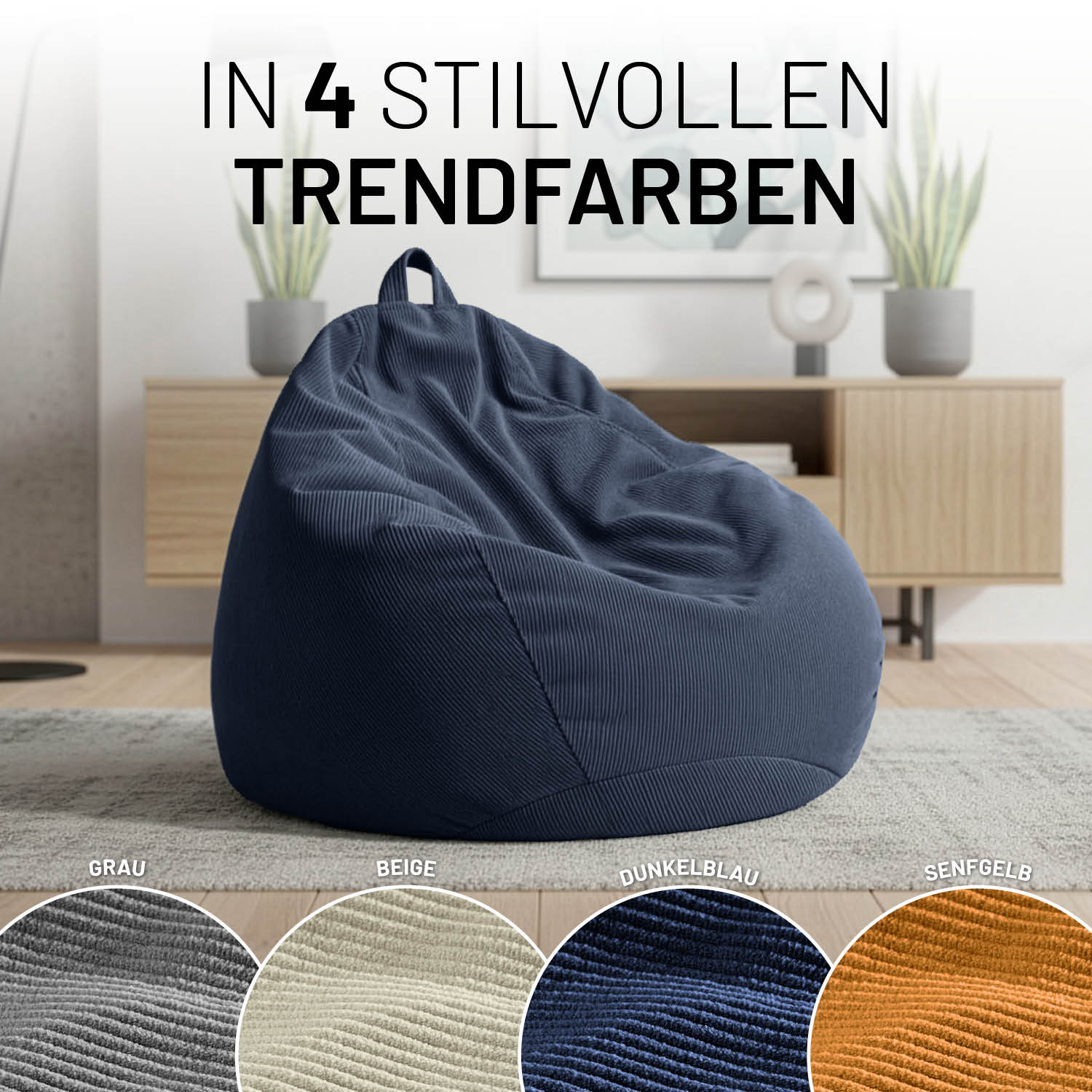 Comfort Line Sitzsack Feincord M - 120 L - Dunkelblau aus weichem Cordstoff in einem modernen Wohnraum.