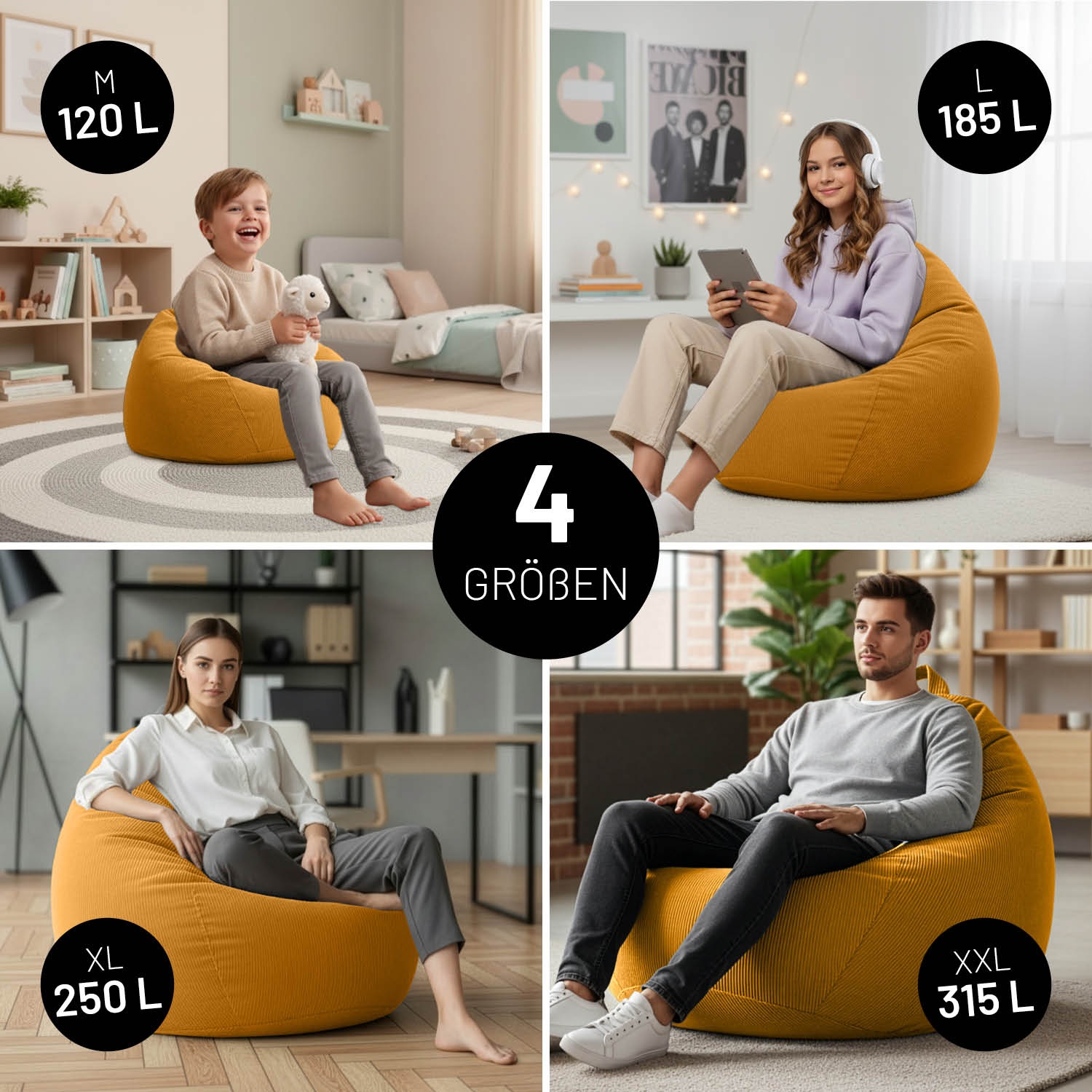 Comfort Line Sitzsack Feincord M - 120 L - Senfgelb mit Kind sitzend in modernem, gemütlichem Wohnraum.