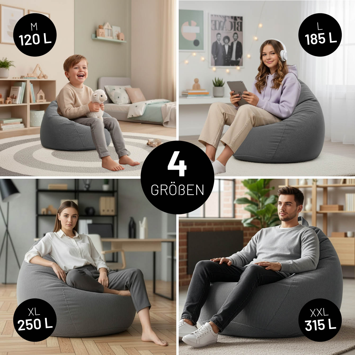 Vier Sitzsäcke in verschiedenen Größen, darunter Comfort Line Sitzsack Feincord L - 185 L - Grau, in gemütlichen Wohnräumen.