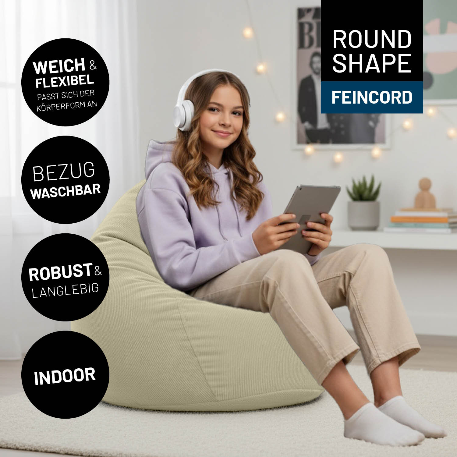 Comfort Line Sitzsack Feincord L - 185 L - Beige mit weichem Bezug, robust und flexibel, perfekt für Indoor und entspannte Sitzpositionen.