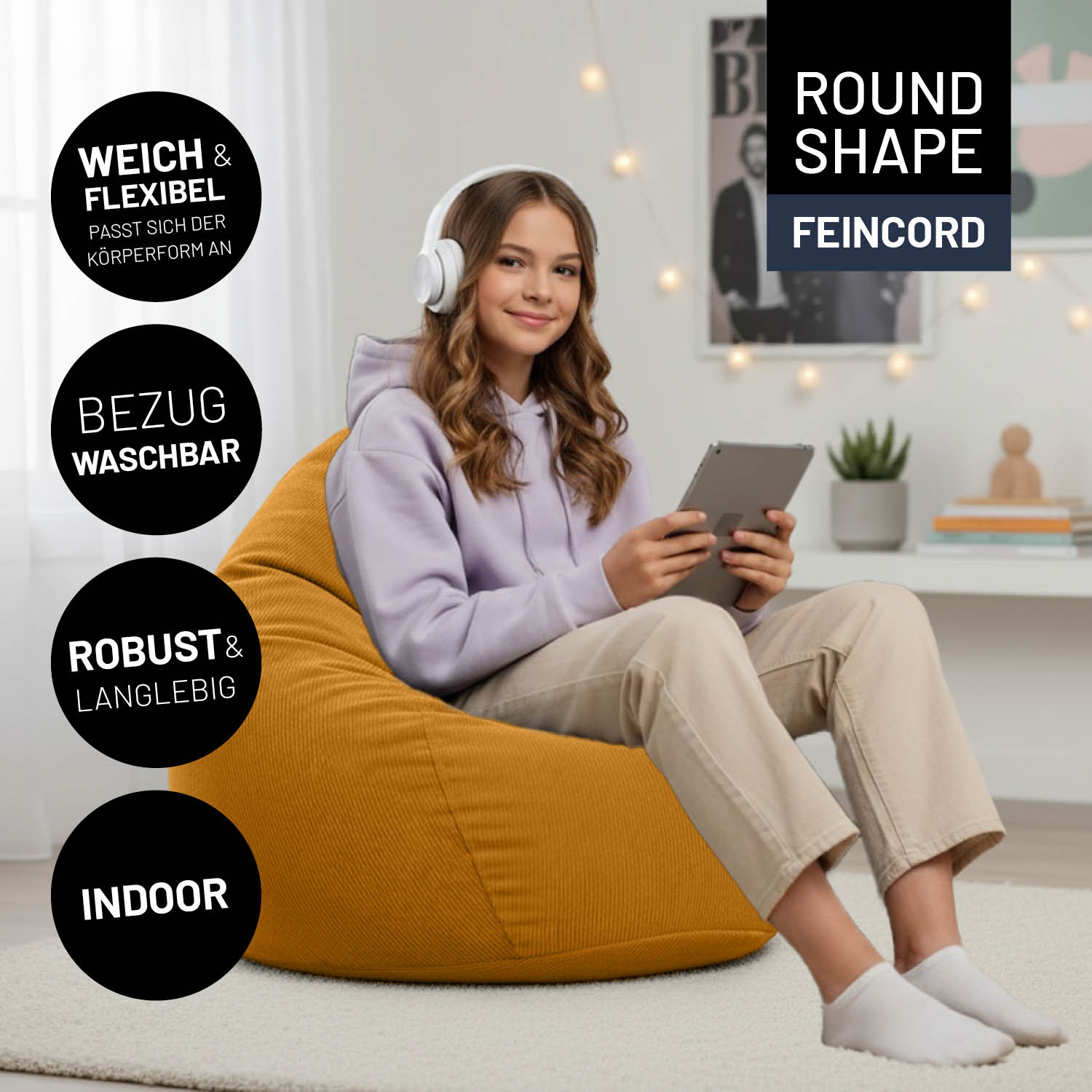 Bequemer Sitzsack Comfort Line Sitzsack Feincord L - 185 L - Senfgelb mit weichem, flexiblen Bezug, robust und waschbar für den Innenbereich.