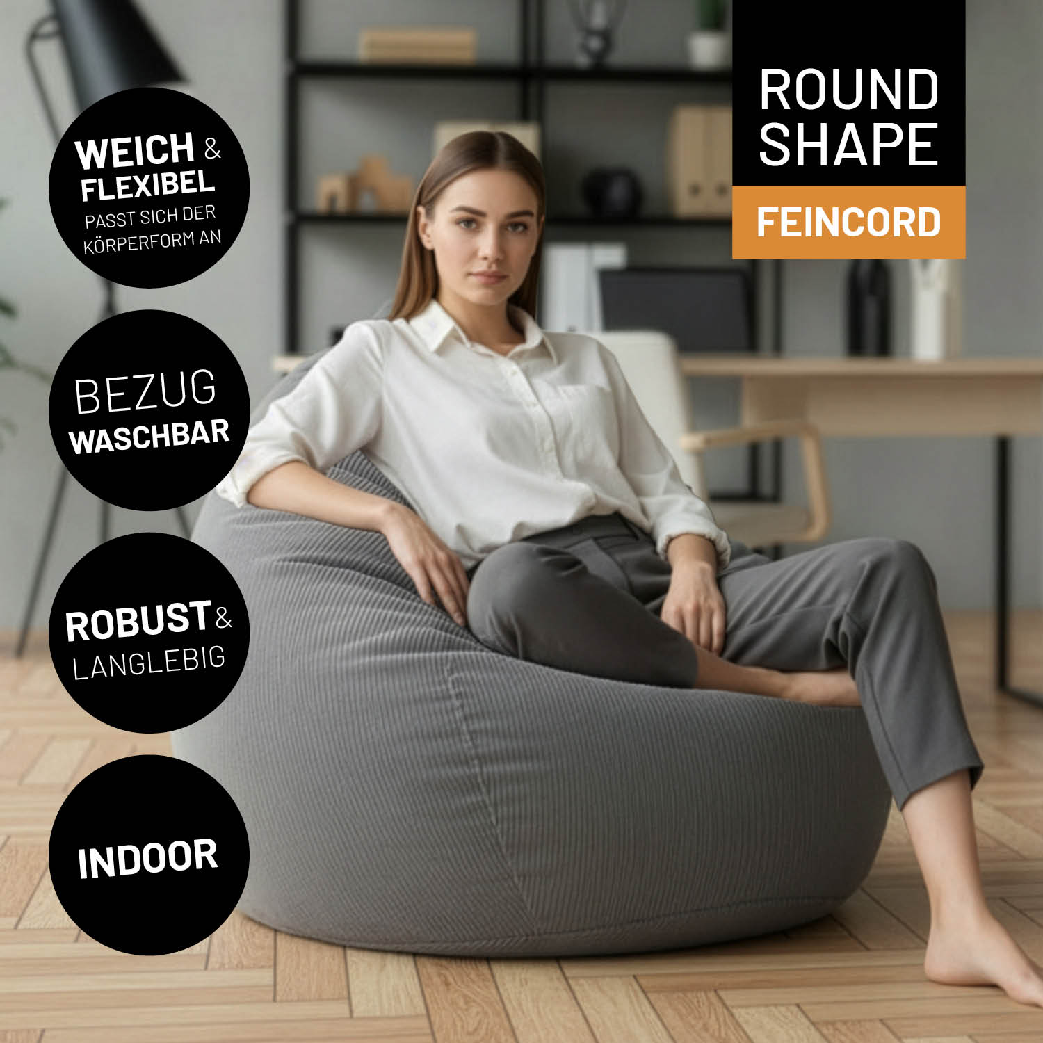 Frau sitzt entspannt auf Comfort Line Sitzsack Feincord XL - 250 L - Grau, weicher, flexibler, waschbarer Bezug, robust und indoor geeignet.