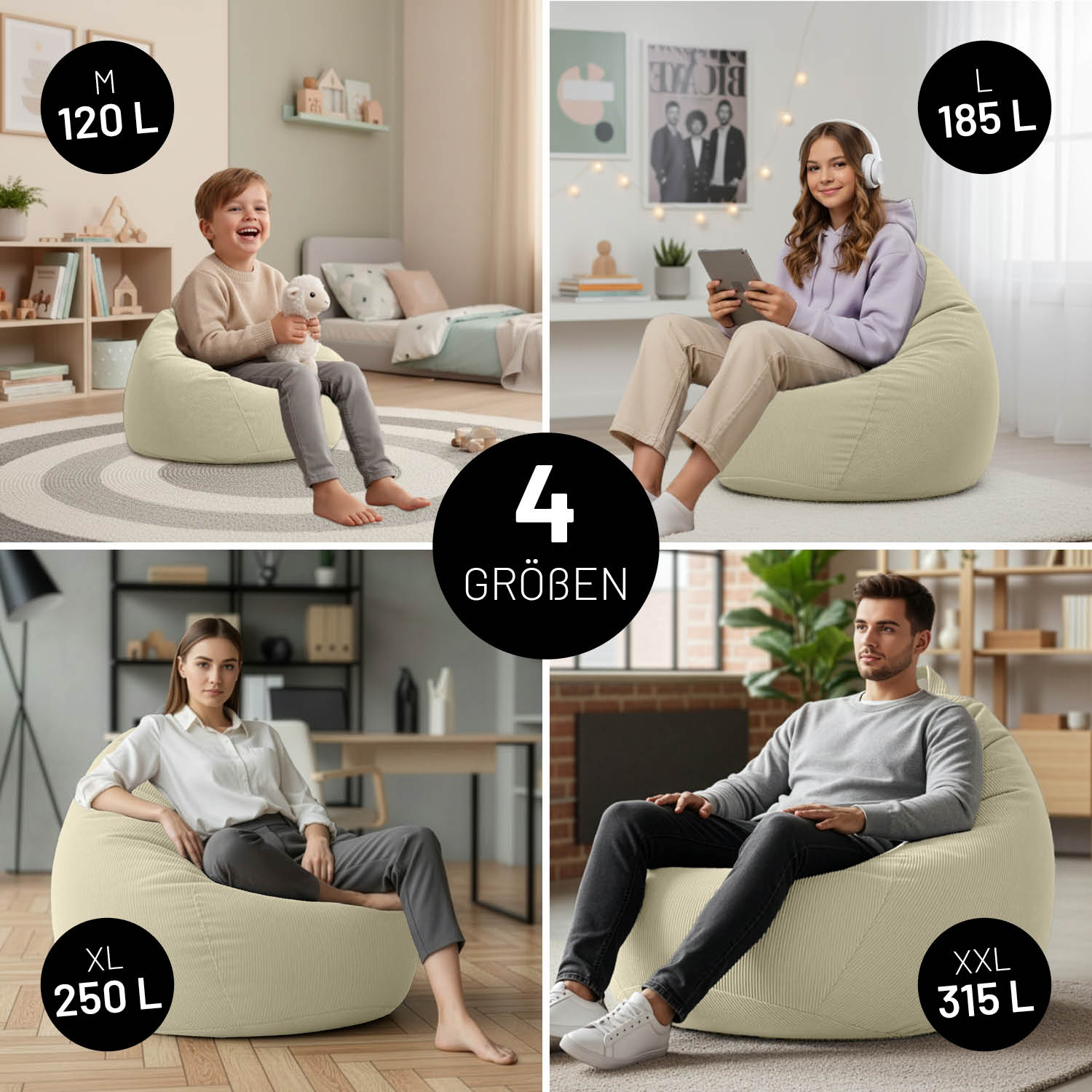 Vier verschiedene Sitzsäcke in Beige, darunter Comfort Line Sitzsack Feincord XL - 250 L - Beige, in modernen Wohnräumen genutzt.