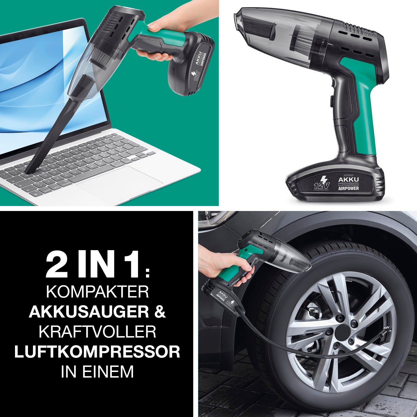 Akku-Handstaubsauger & Luftkompressor AirPower als 2IN1 Gerät zum Reinigen und Aufpumpen von Reifen und Geräten.