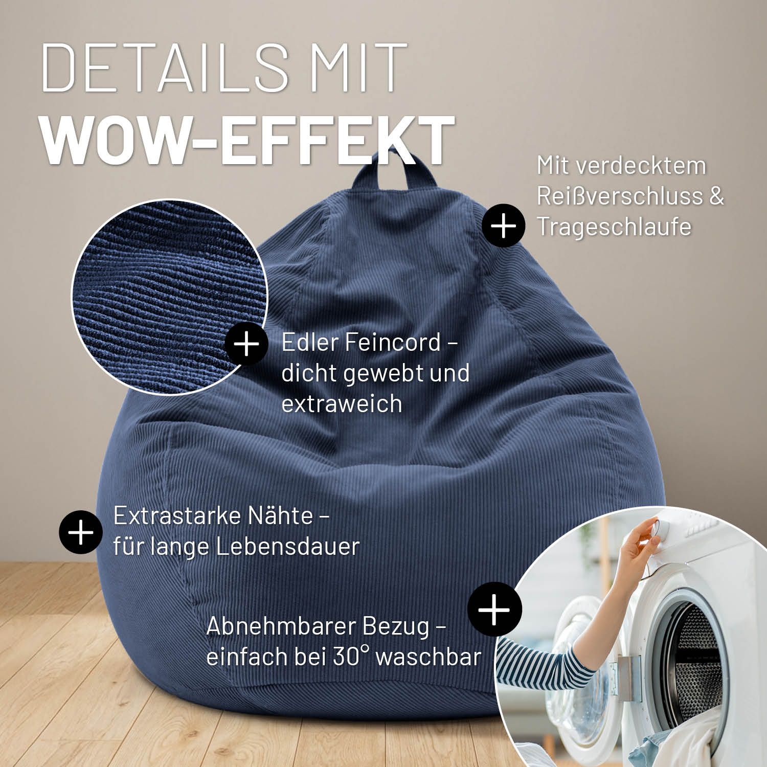 Comfort Line Sitzsack Feincord XXL - 315 L - Dunkelblau mit weichem Feincord, robusten Nähten, verdecktem Reißverschluss und waschbarem Bezug.