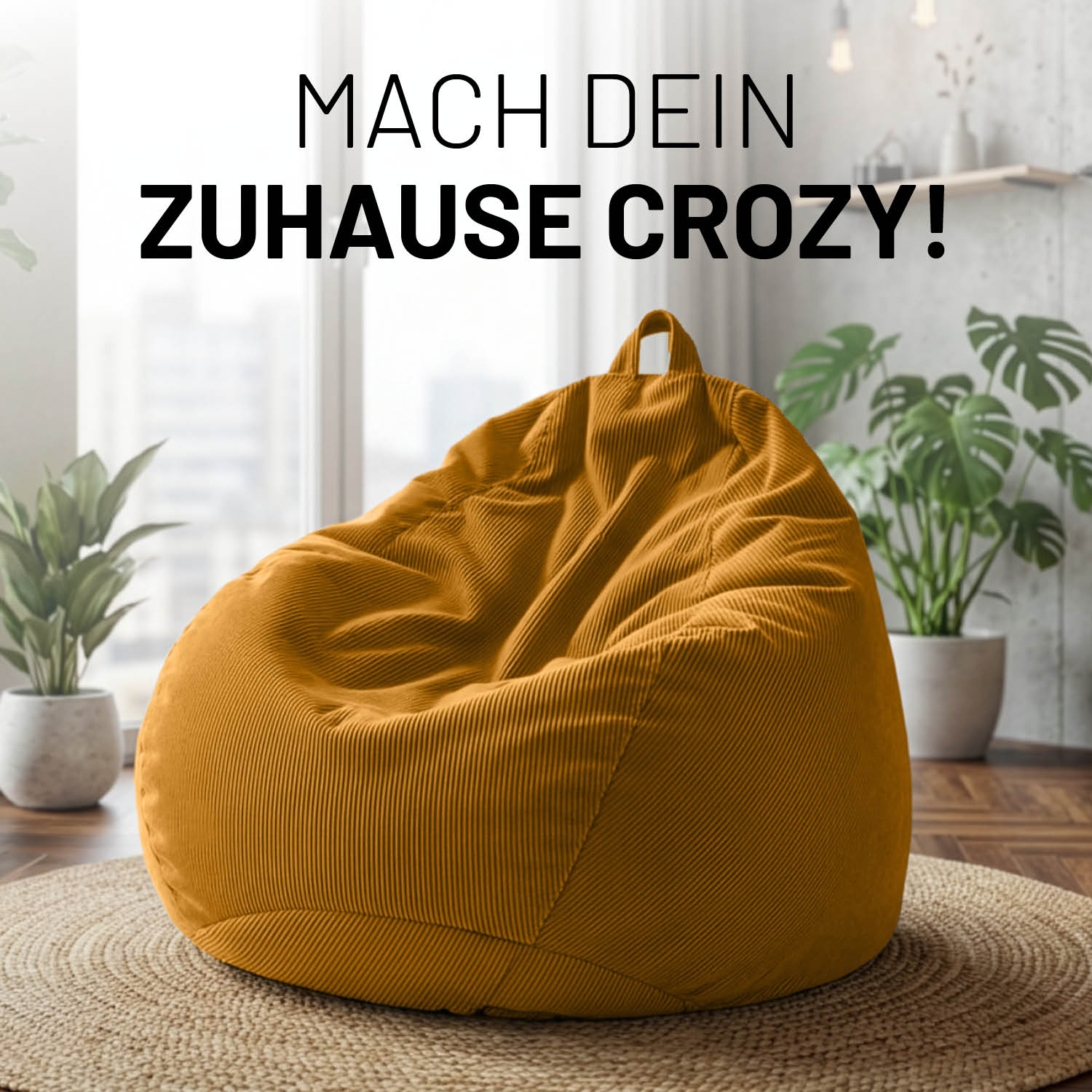Comfort Line Sitzsack Feincord XXL - 315 L - Senfgelb in gemütlichem Raum mit Pflanzen und hellem Fensterlicht.