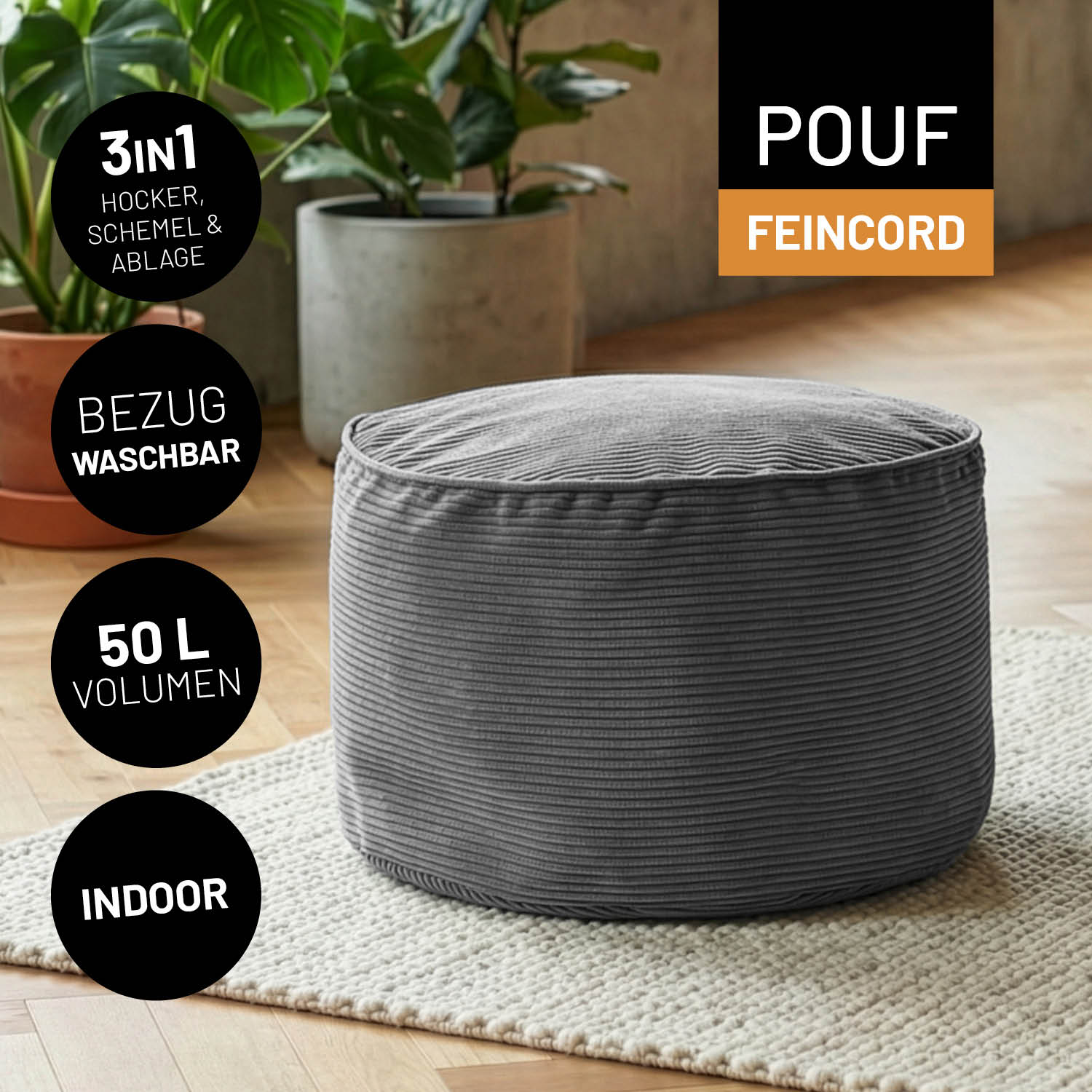 Comfort Line Pouf Feincord - 25 x 40 cm - 50 l - Grau