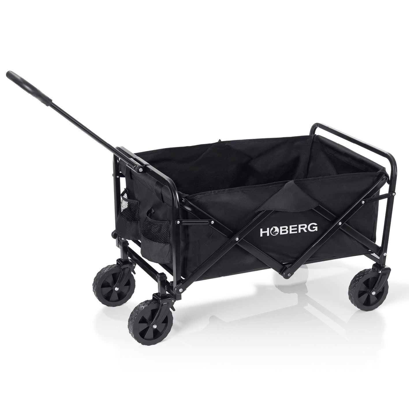 Klapp-Bollerwagen mit Bremsen - max. 80 kg in schwarzem Nylonbezug, faltbar, stabilem Stahlrohrrahmen, präsentiert in quadratischem Bild.