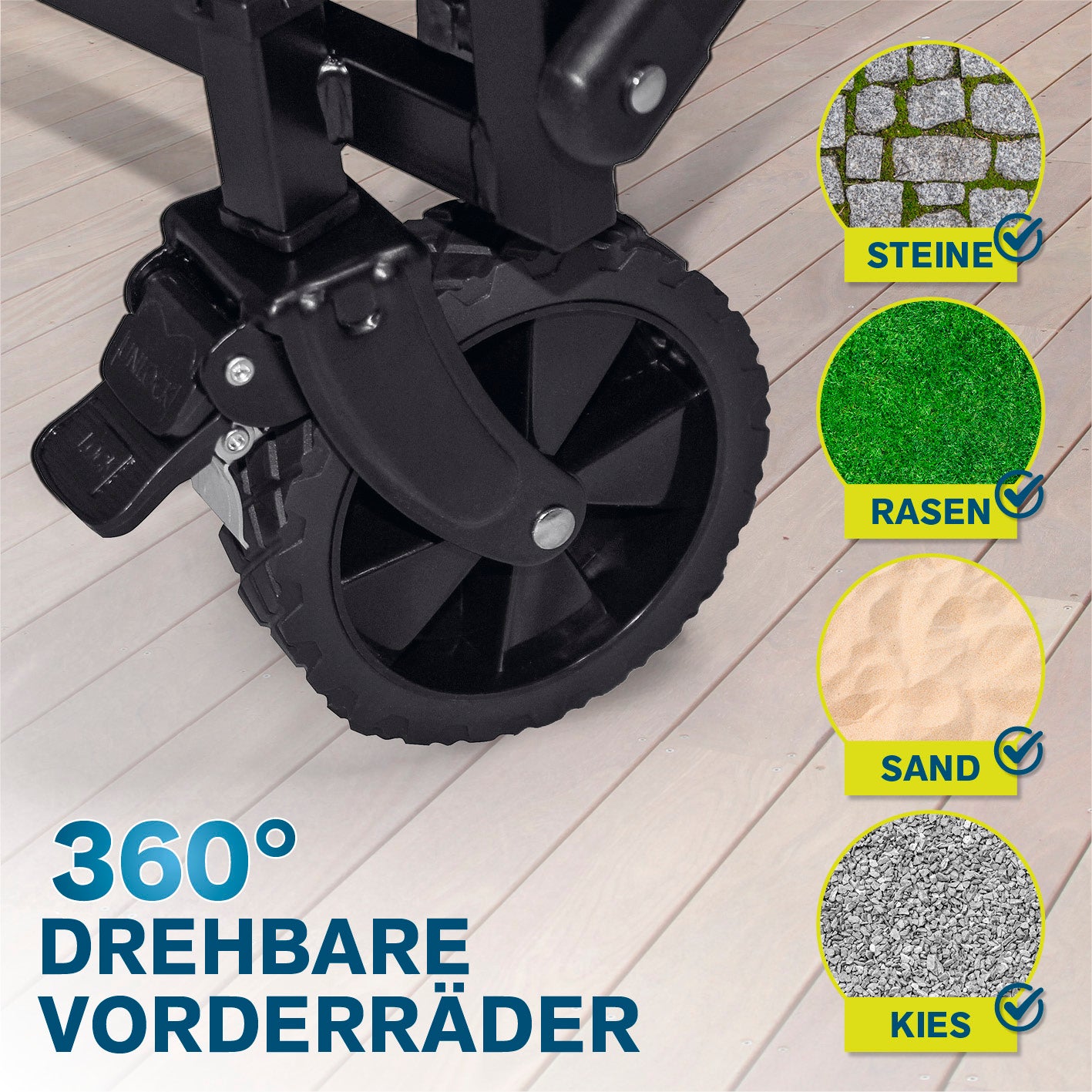 Klapp-Bollerwagen mit Bremsen - max. 80 kg, Detail der 360° drehbaren Vorderäder, Galerie 4, quadratisch 1417x1417 px