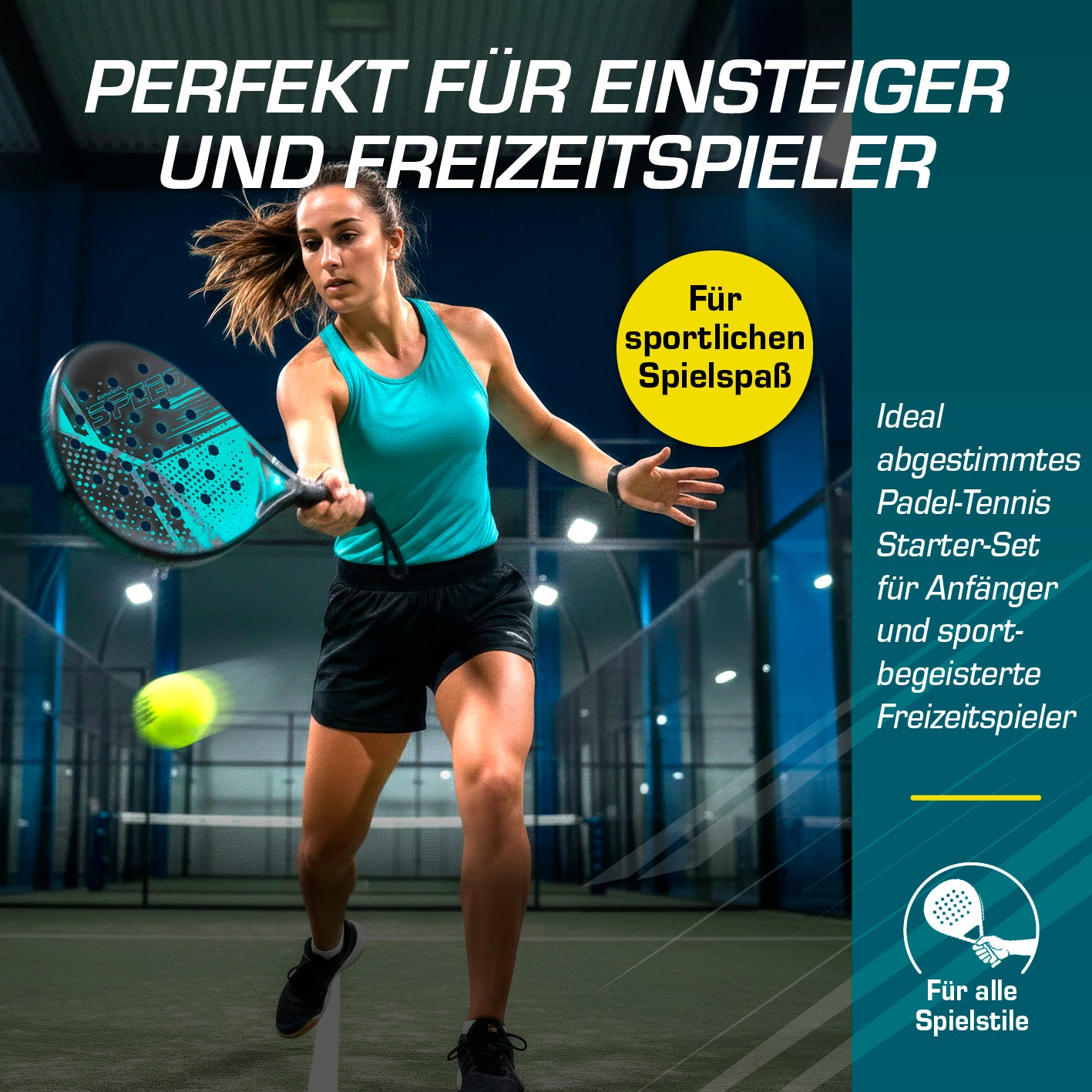 Padel-Tennis Starter-Set zeigt sportliche Frau beim Spiel auf Padelplatz in quadratischem Bild, Galerieposition 2.