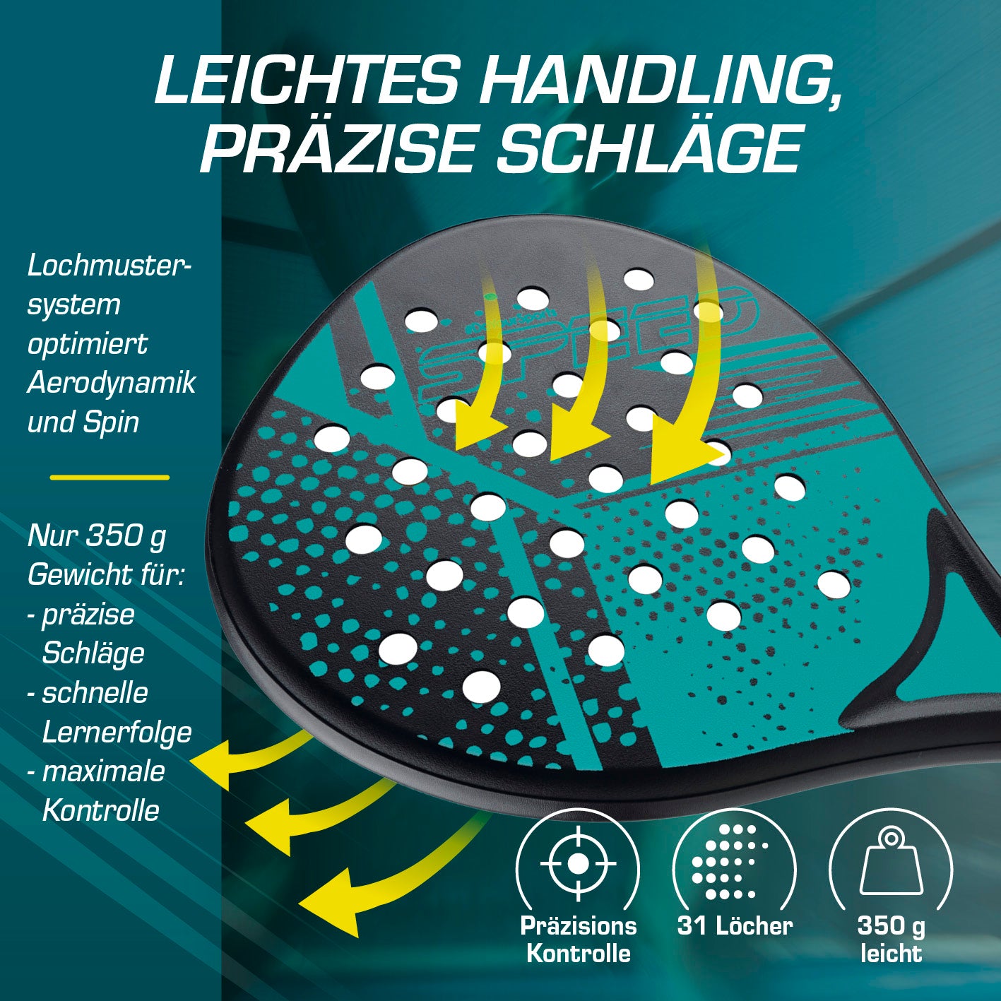 Padel-Tennis Starter-Set mit leichtem 350g Schläger, 31 Löchern für präzise Schläge, optimale Aerodynamik und Spin, Galerieposition 4 quadratisch