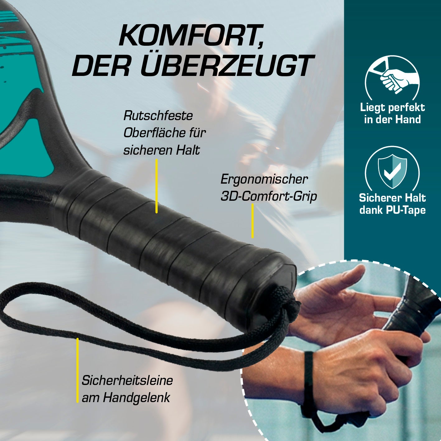 Padel-Tennis Starter-Set Nahaufnahme Griff mit rutschfester Oberfläche, ergonomischem 3D-Comfort-Grip und Sicherheitsleine in Galerie 5 quadratisch