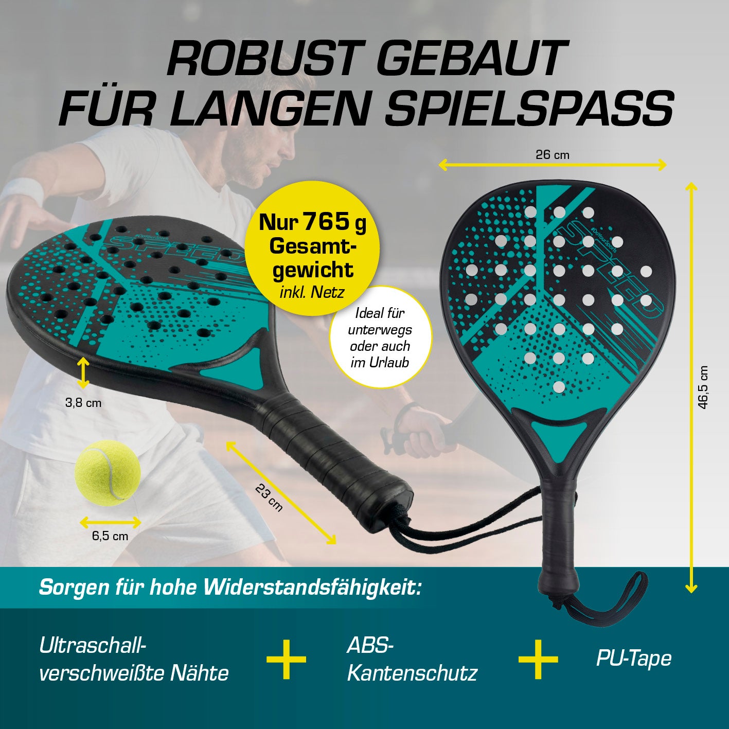 Padel-Tennis Starter-Set mit zwei robusten Schlägern, Trainingsball und Netz, Detailaufnahme Galerie 6, quadratisch 1417x1417 px.