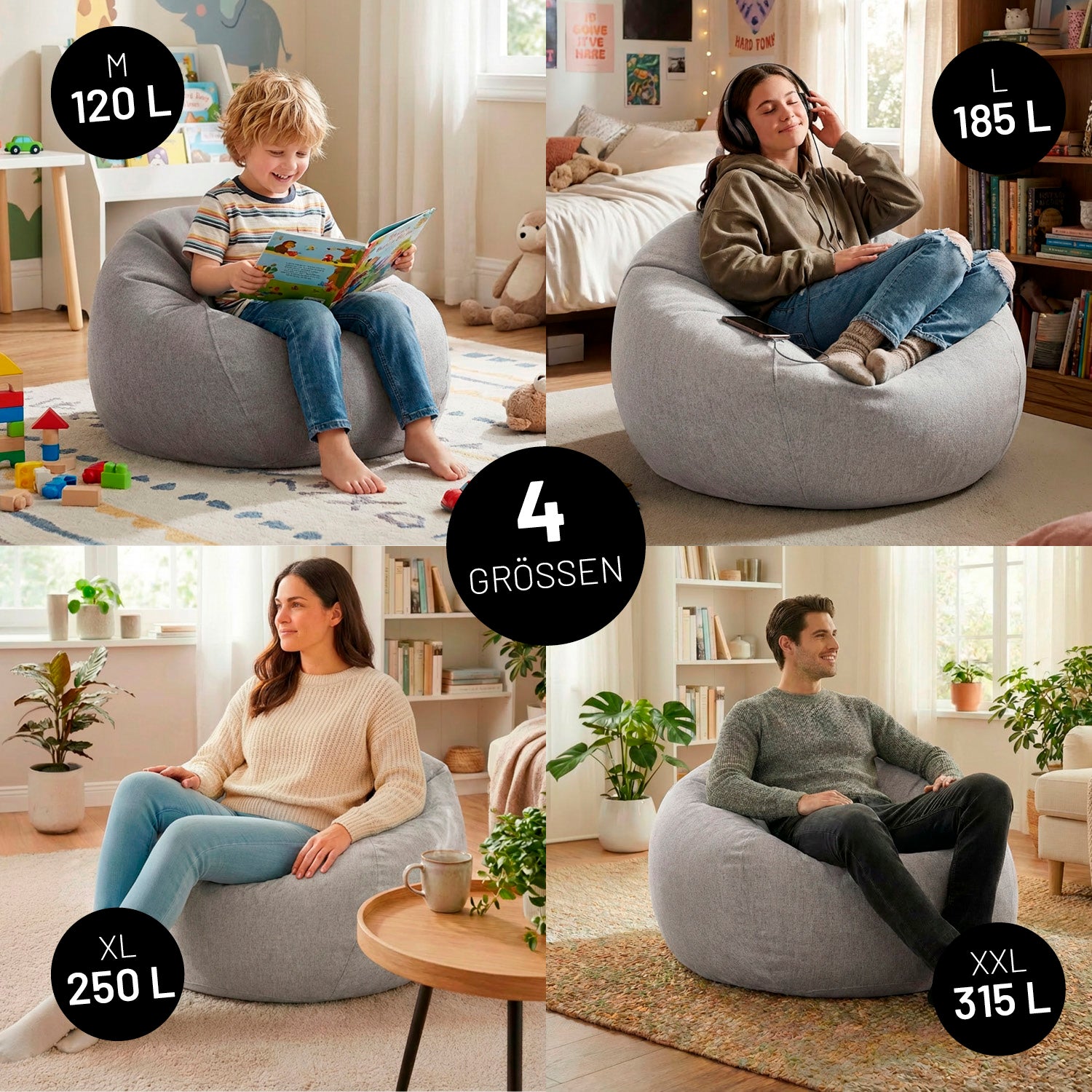 Comfort Line Sitzsack M (120 L) - indoor - Hellgrau mit weichem Material, ideal für gemütliches Sitzen im modernen Zuhause.