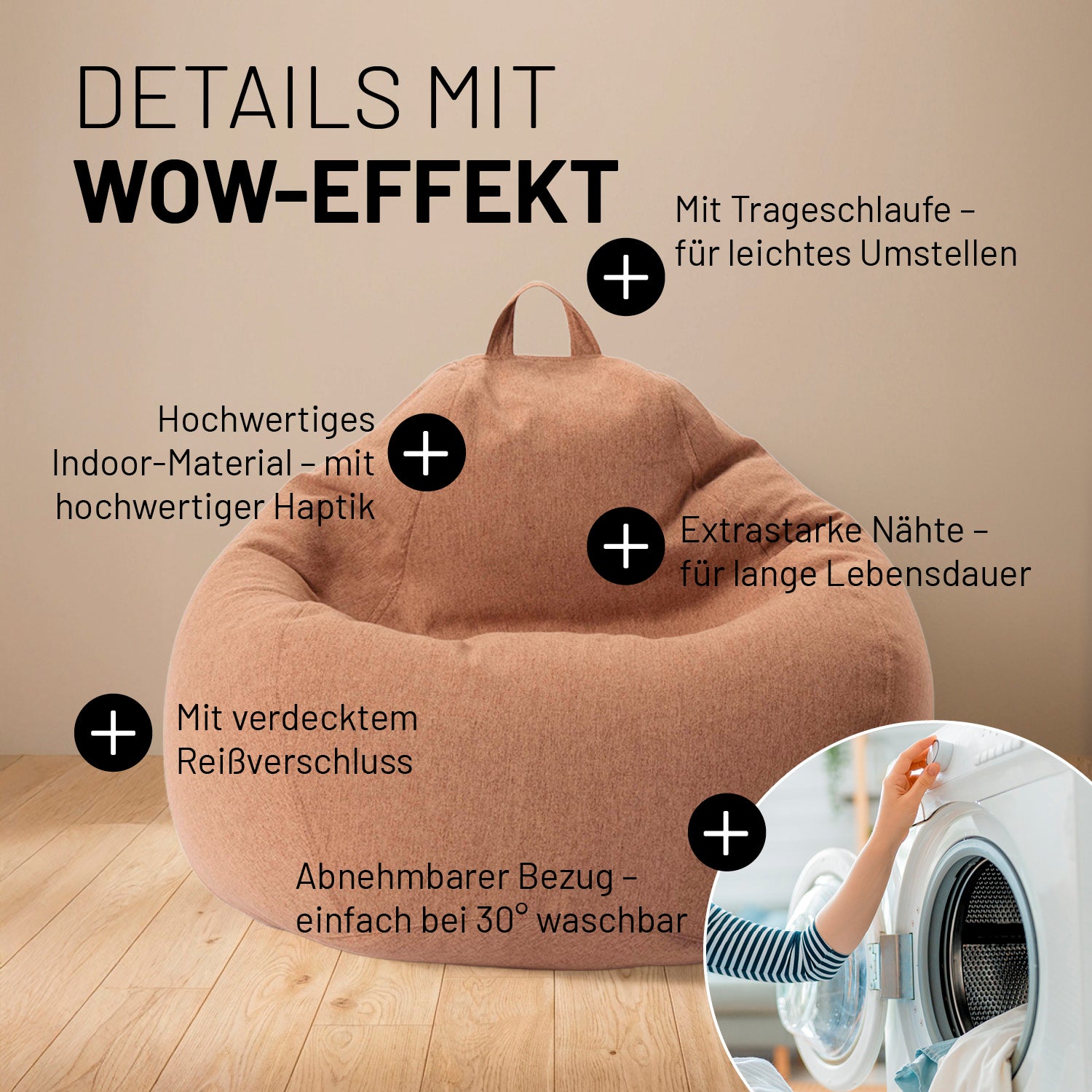 Comfort Line Sitzsack M (120 L) - indoor - Braun mit weichem Material, Trageschlaufe, extra starken Nähten und waschbarem Bezug bei 30 Grad.
