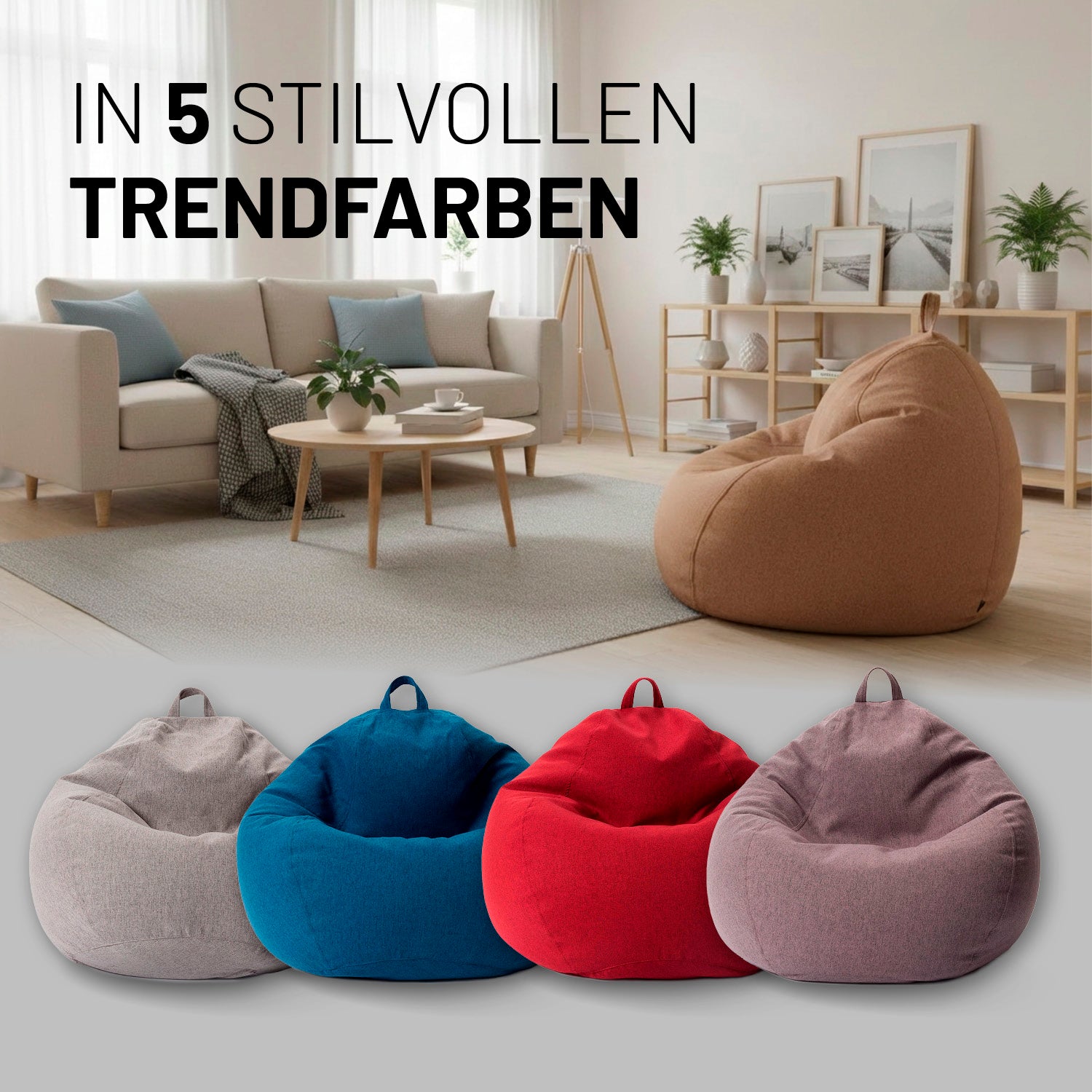 Comfort Line Sitzsack M (120 L) - indoor - Braun in modernem Wohnzimmer mit weiteren Sitzsäcken in Trendfarben nebeneinander.