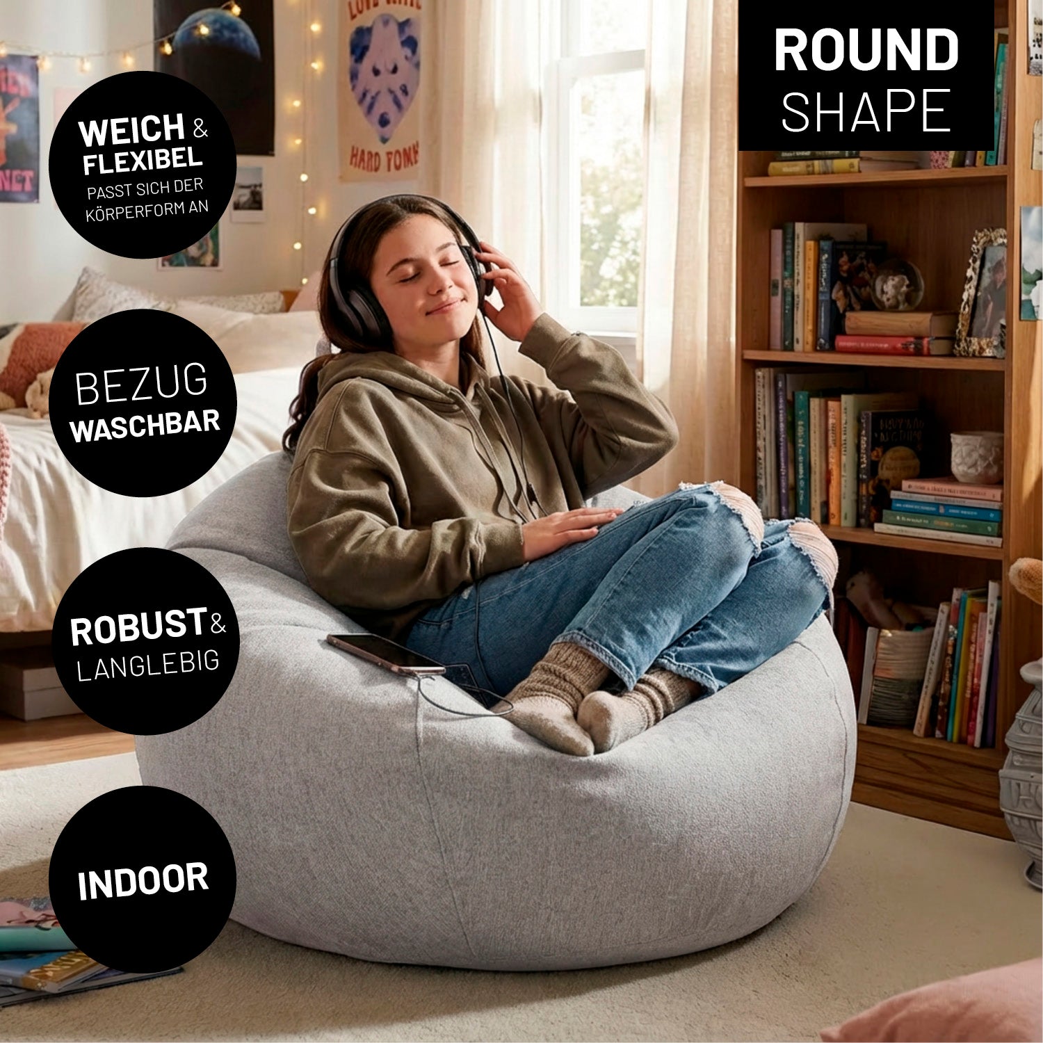 Comfort Line Sitzsack M (185 L) - indoor - Hellgrau mit weichem, robustem Material und waschbarem Bezug im modernen Wohnraum