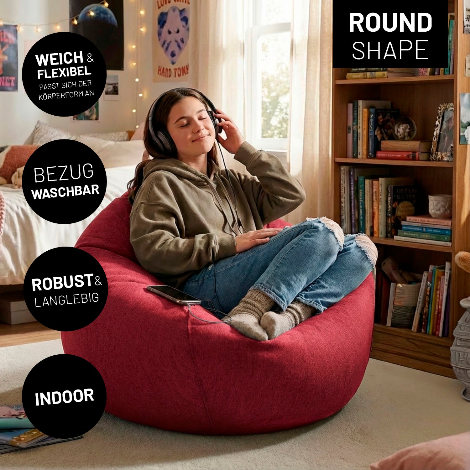 Comfort Line Sitzsack L (185 L) - indoor - Rot zeigt entspannten Sitzkomfort im modernen Wohnraum mit weichem, robustem Material.