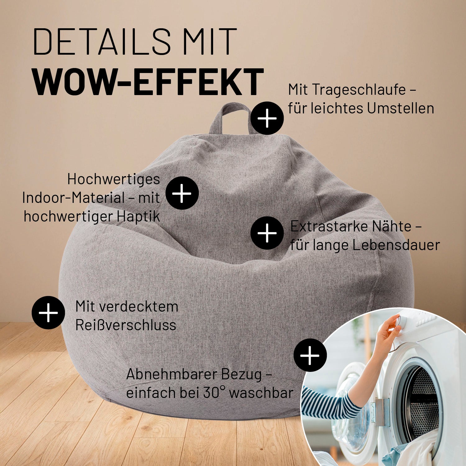 Comfort Line Sitzsack XXL (315 L) - indoor - Hellgrau aus hochwertigem Material mit Trageschlaufe und abnehmbarem, waschbarem Bezug.