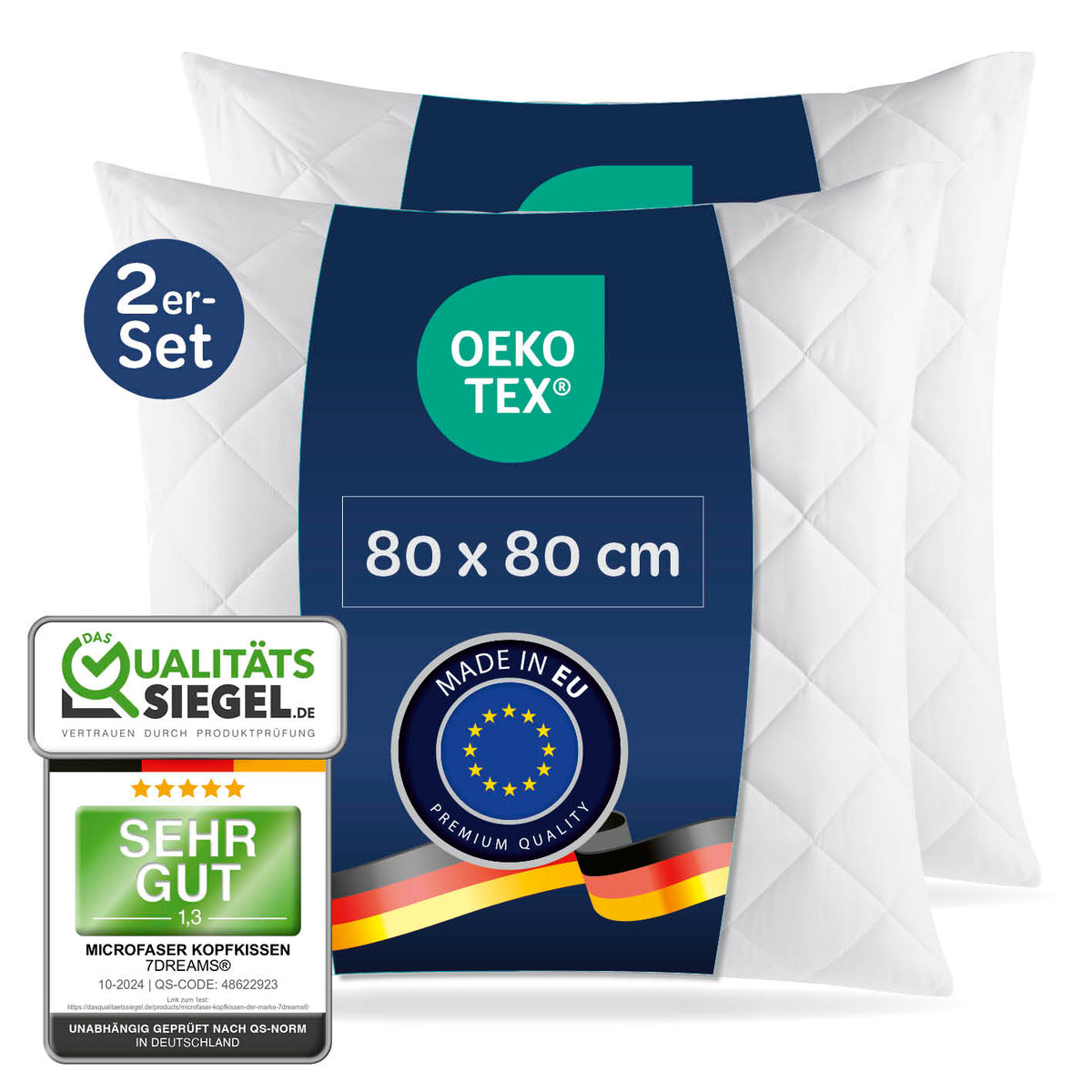 7dreams® Microfaser Kopfkissen gesteppt - 80 x 80 cm - 2er-Set