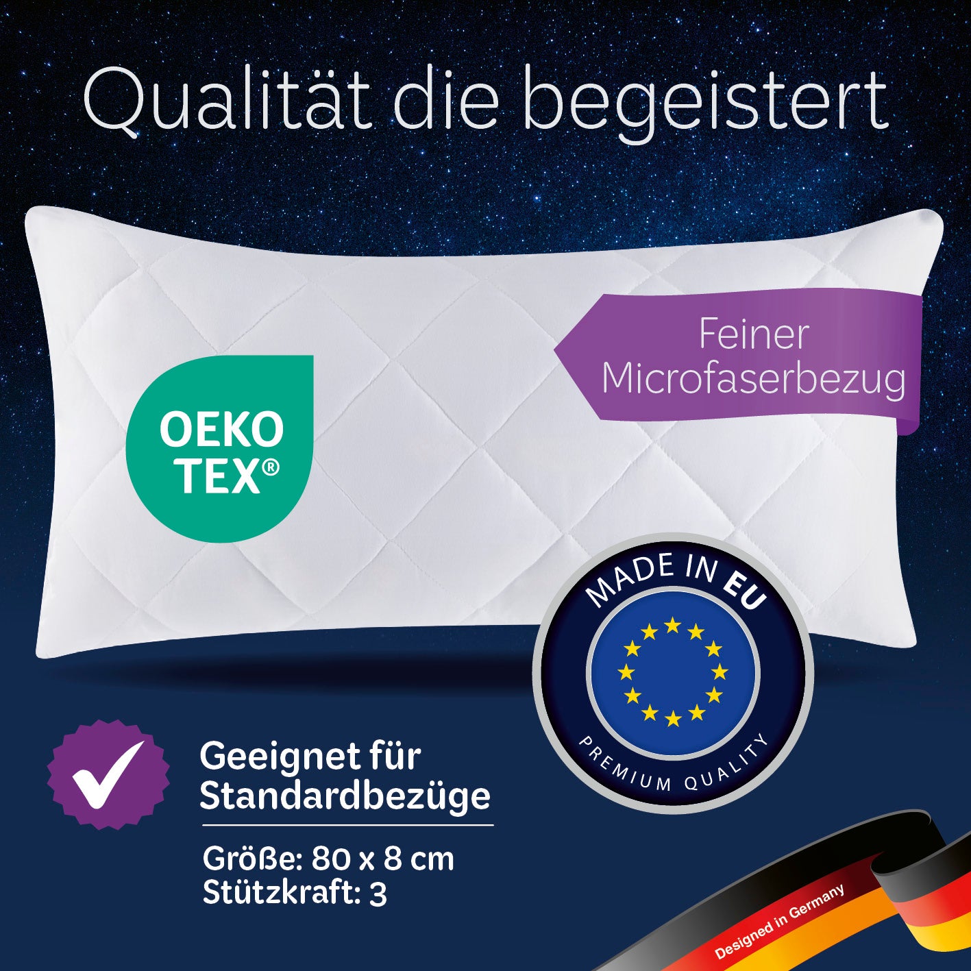 Microfaser Kopfkissen - Gesteppt - 40 x 80 cm - Weiß mit feinem Microfaserbezug, OEKO-TEX zertifiziert, made in EU, für allergikerfreundlichen Schlaf.