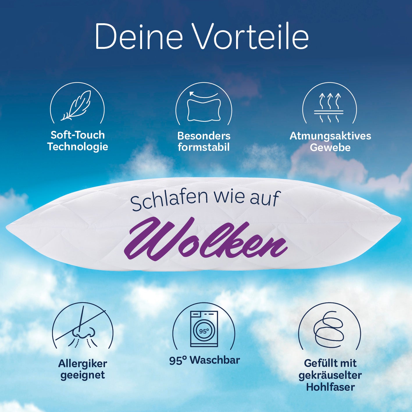 Microfaser Kopfkissen - Gesteppt - 40 x 80 cm - Weiß mit Soft-Touch, formstabil, atmungsaktiv, waschbar bei 95° und allergikerfreundlich.