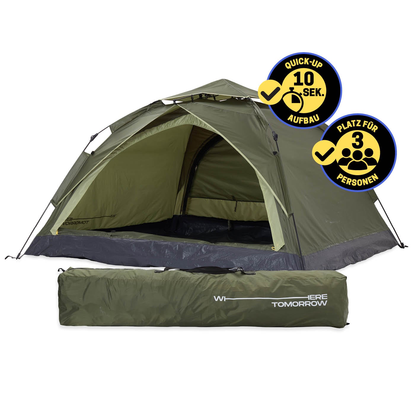 Pop Up Zelt - 3-Personen-Zelt mit Doppeltür, grün, schnelles 10 Sek. Quick Up, wetterfest, ideal für Trekking und Outdoor.