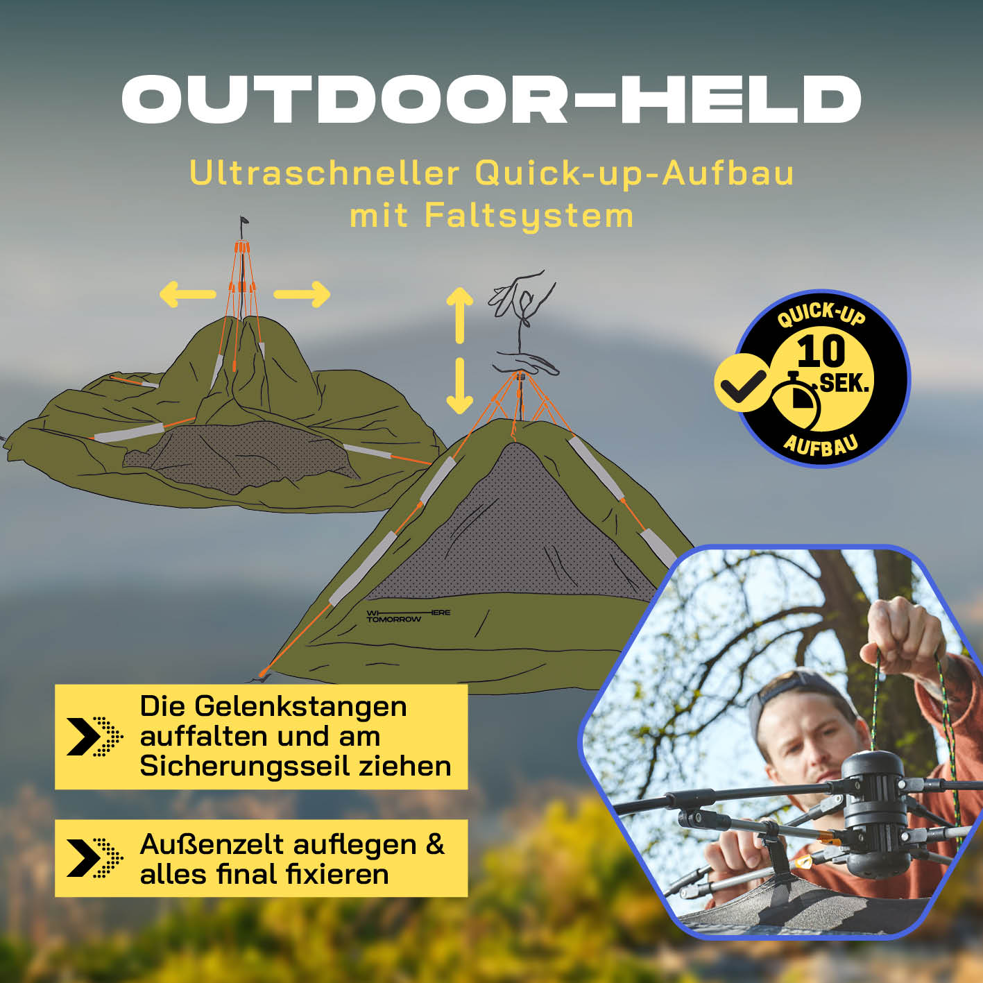 Pop Up Zelt - 3-Personen-Zelt mit Doppeltür- Wurfzelt Trekkingzelt - 210x190x110 cm - Grün
